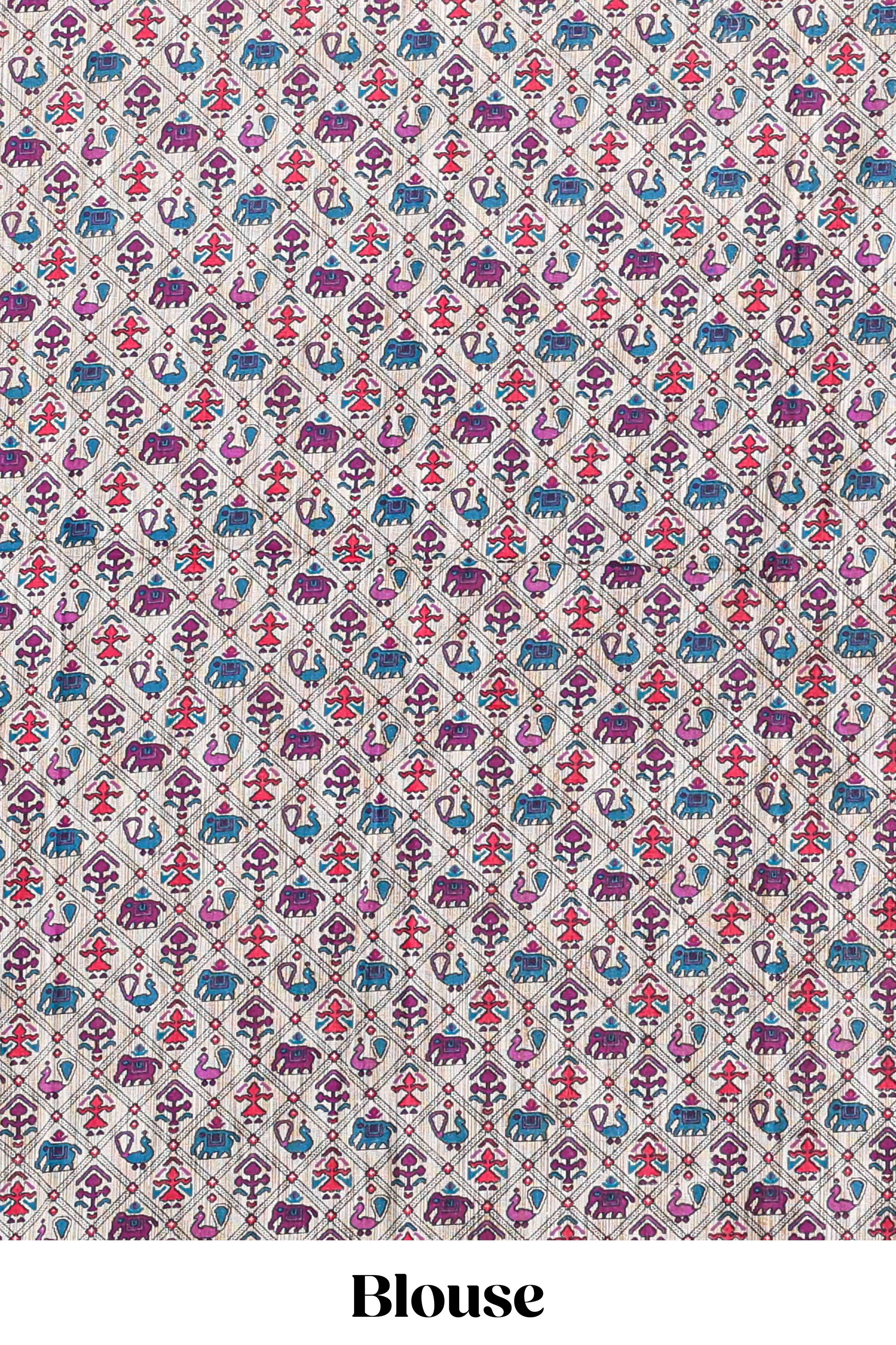 Borderless blue floral print south cotton saree with contrast printed blouse