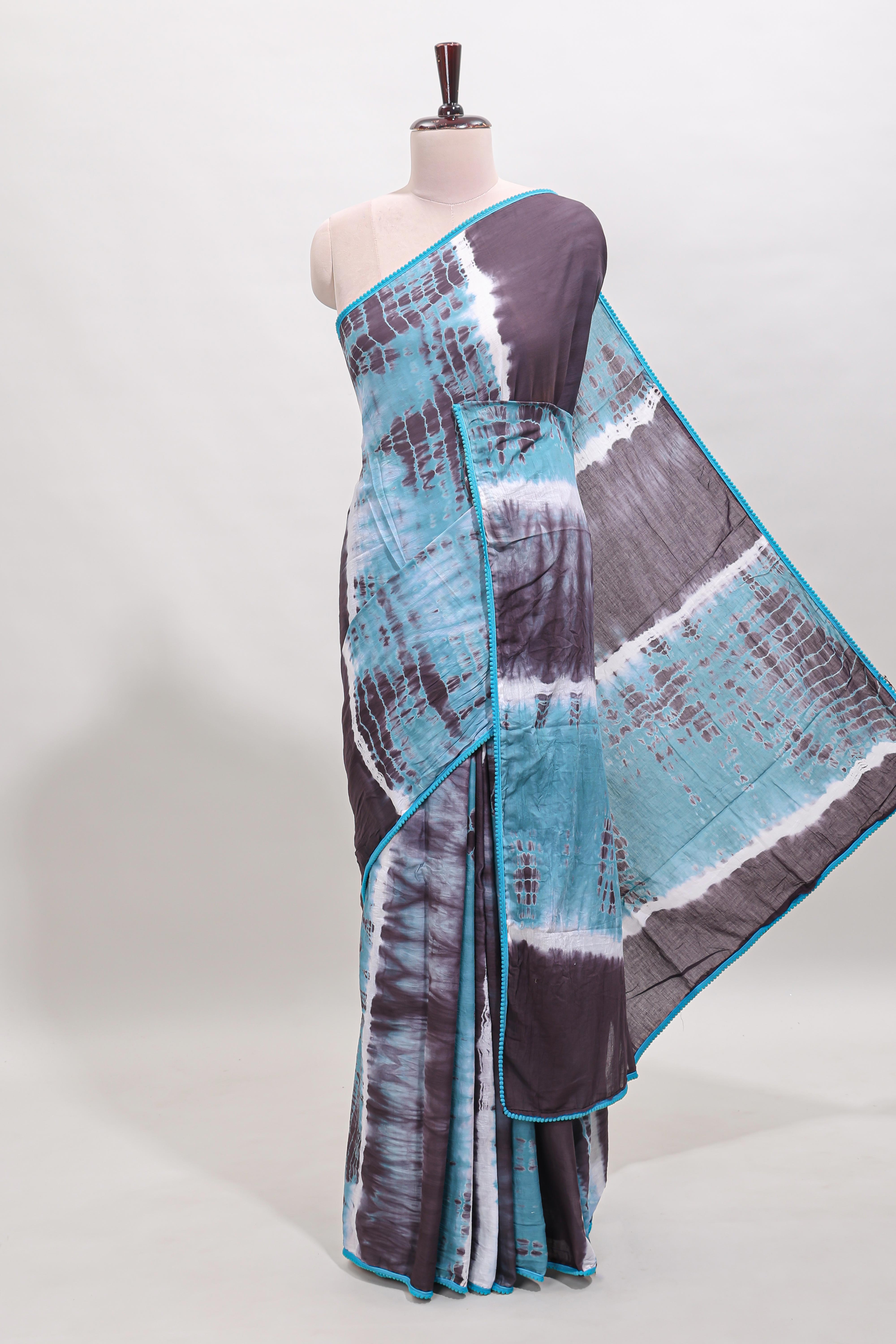 Blue and mauve shibori print mul mul cotton saree with scallop border and matching blouse