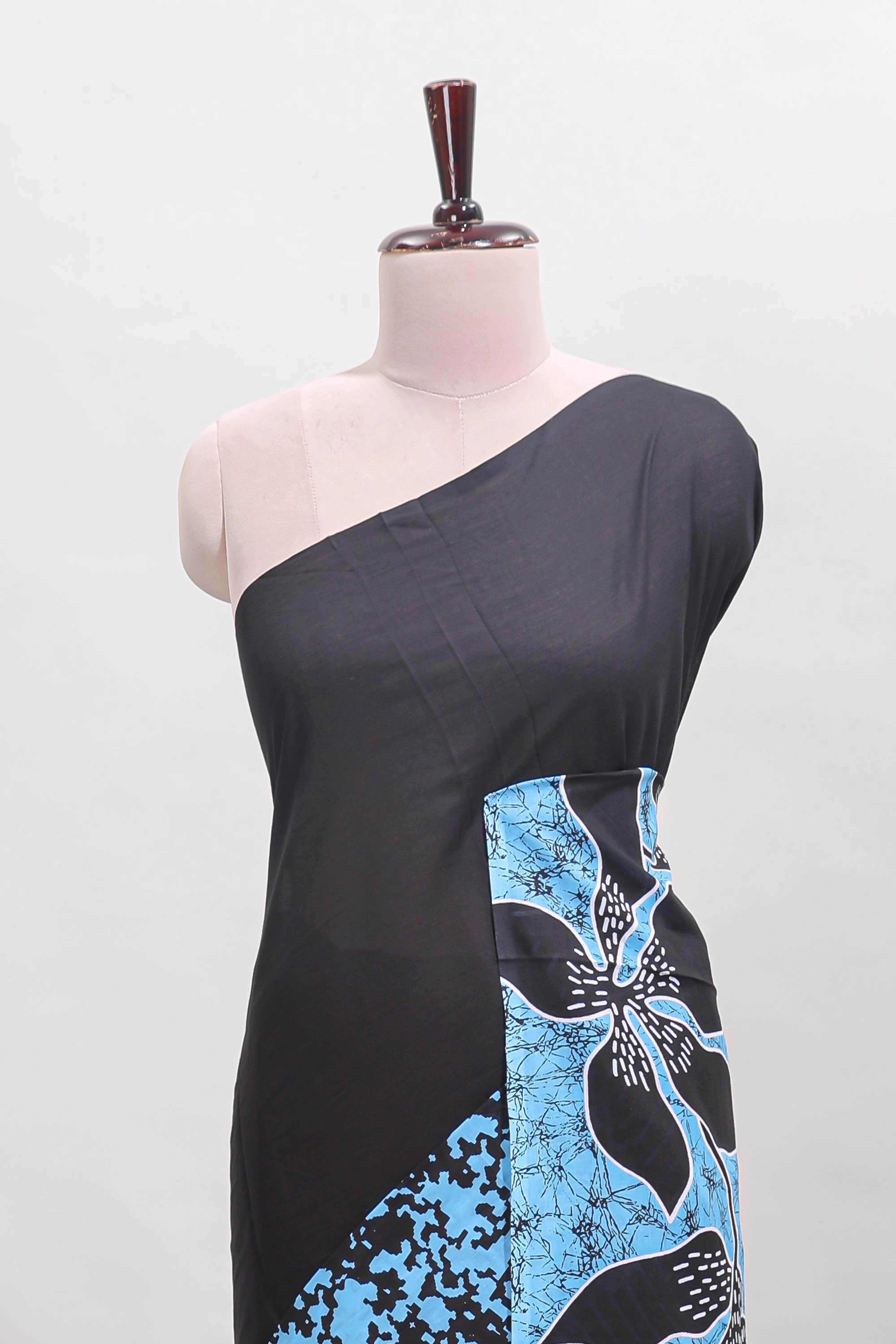 Black floral design mul mul cotton saree with self border and matching blouse