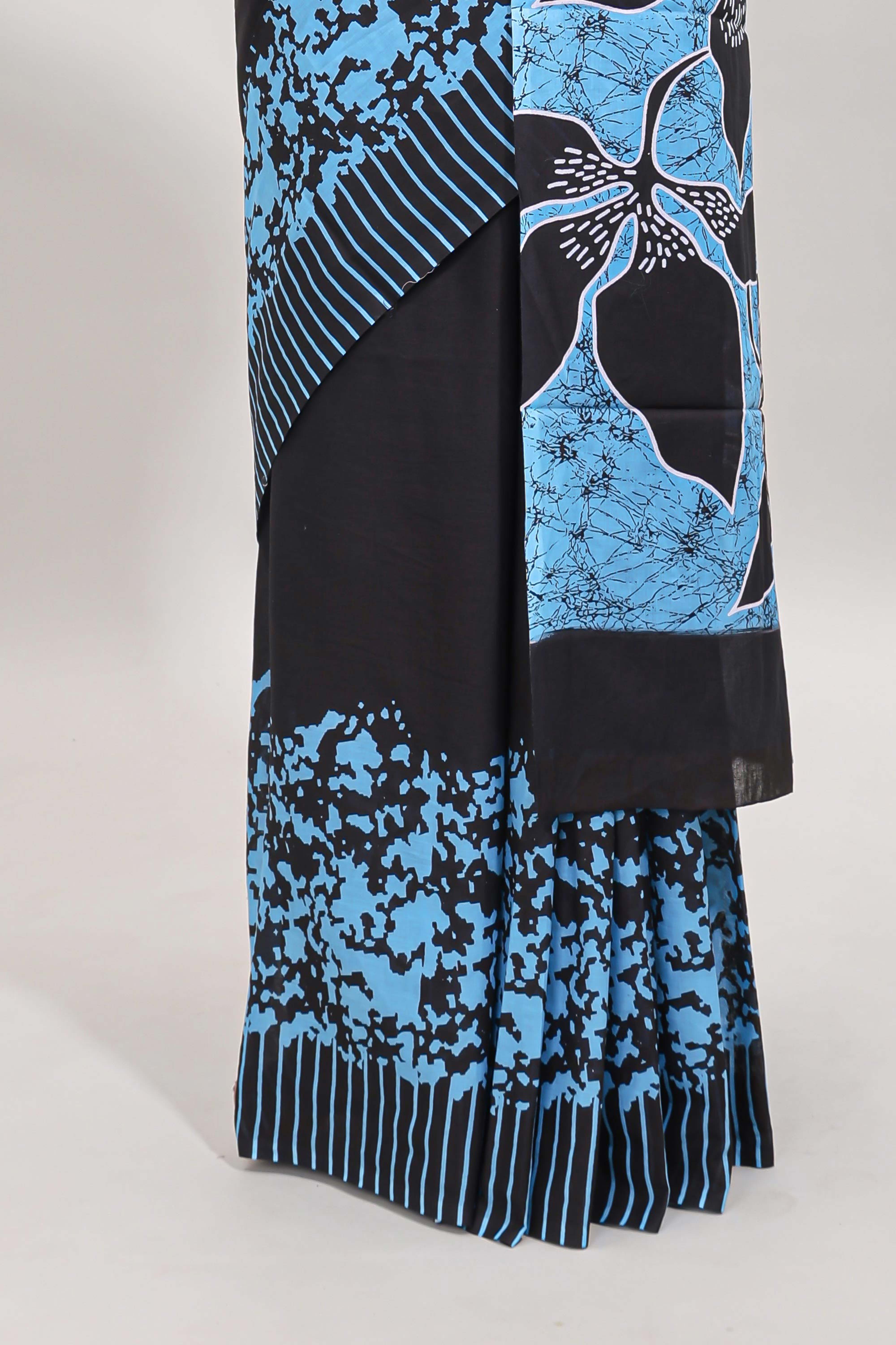 Black floral design mul mul cotton saree with self border and matching blouse