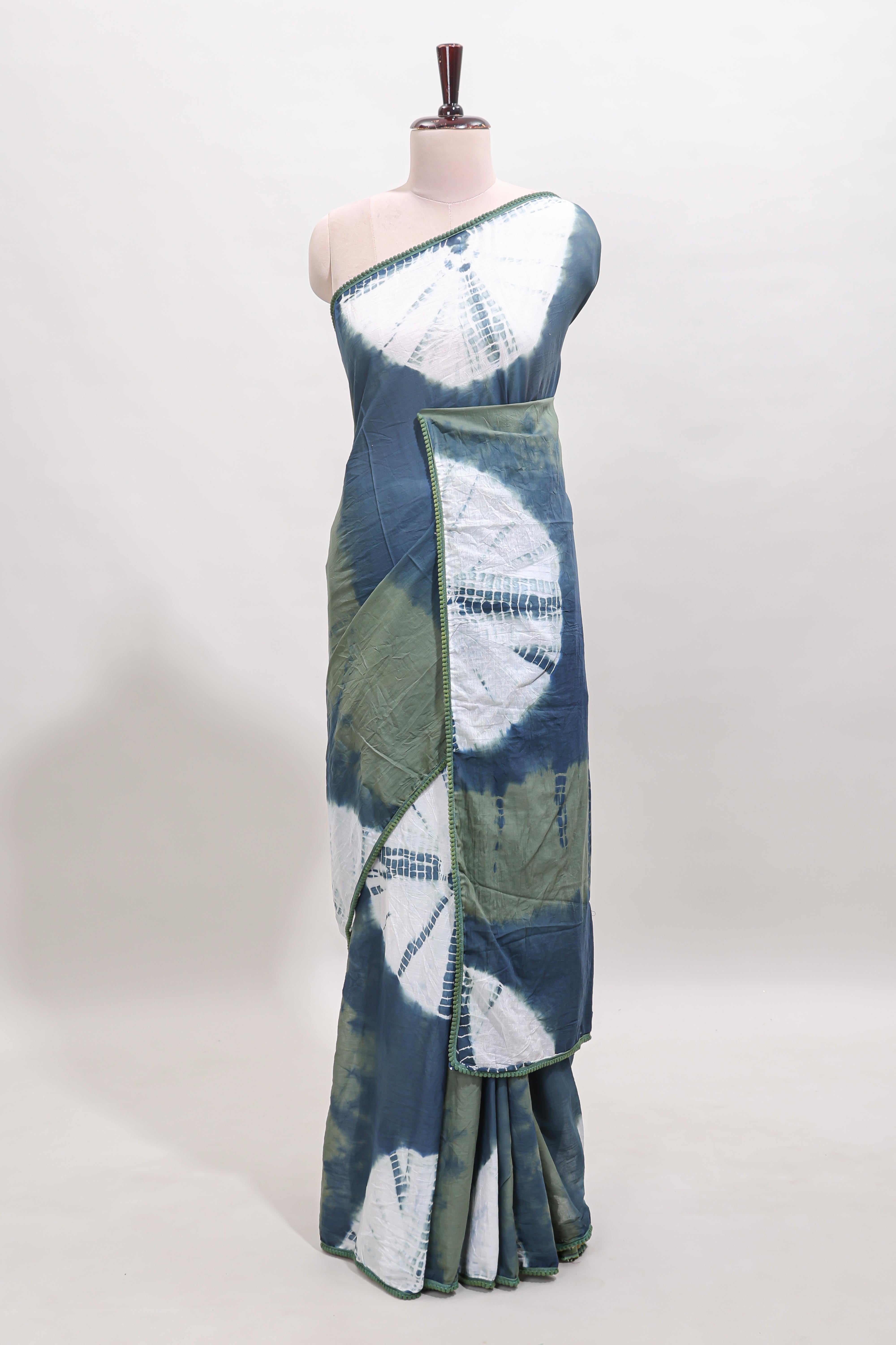 Borderless midnight blue shibori print mul mul cotton saree with contrast blouse