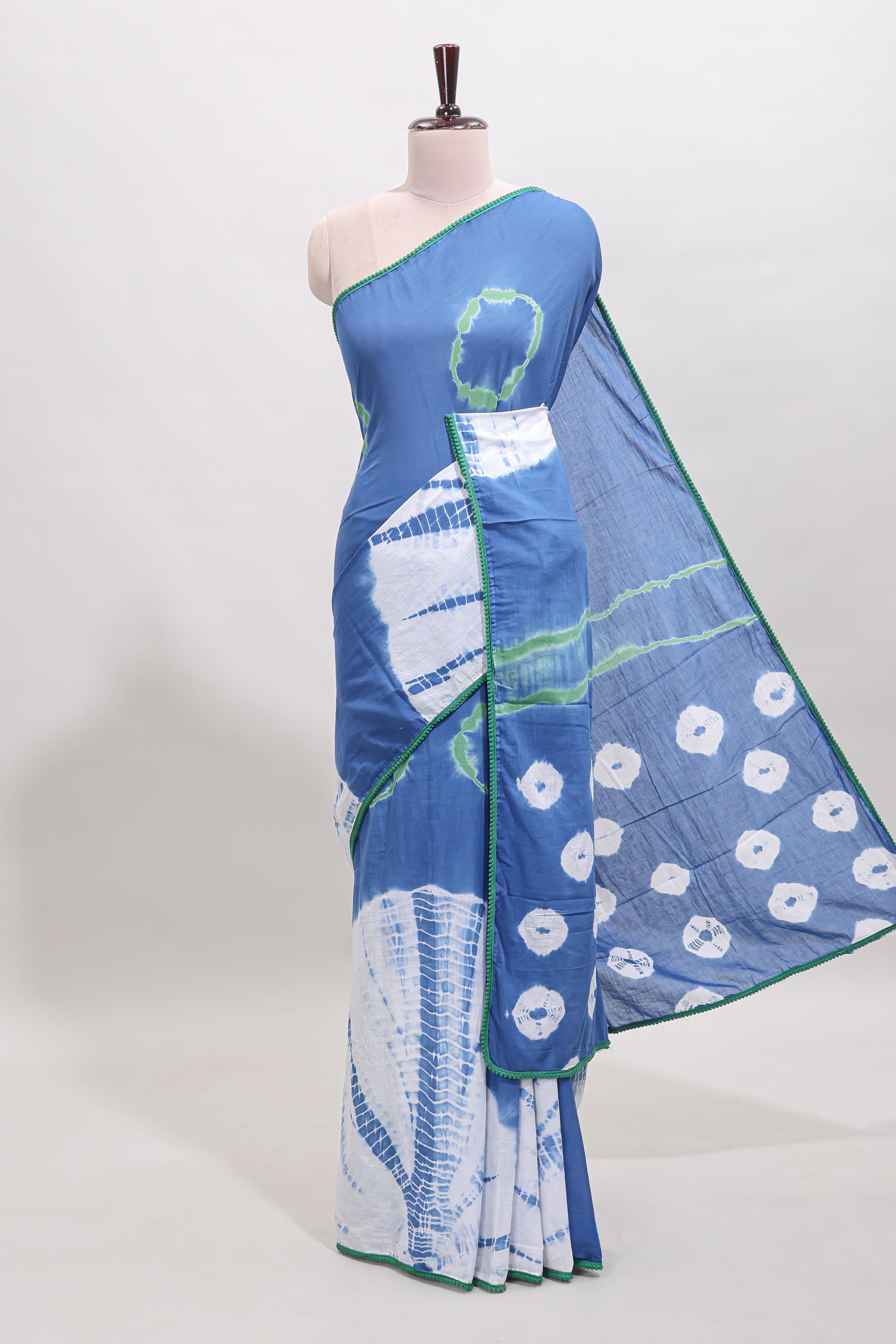 Borderless ocean blue shibori print mul mul cotton saree with contrast blouse