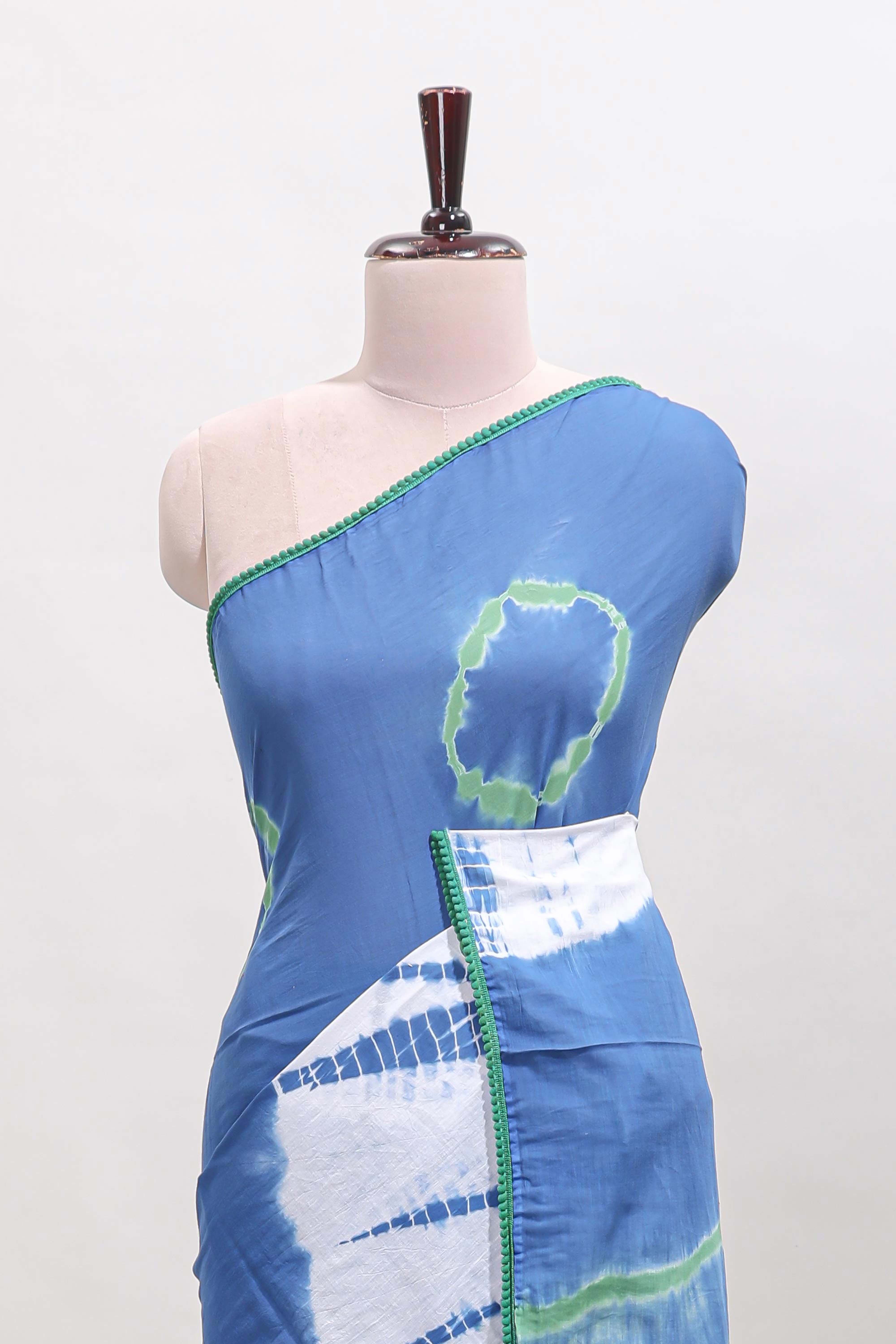 Borderless ocean blue shibori print mul mul cotton saree with contrast blouse