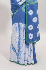 Borderless ocean blue shibori print mul mul cotton saree with contrast blouse