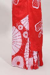 Borderless red floral design mul mul cotton saree with matching blouse