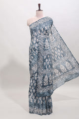Borderless grey dabu print mul mul cotton saree with matching blouse