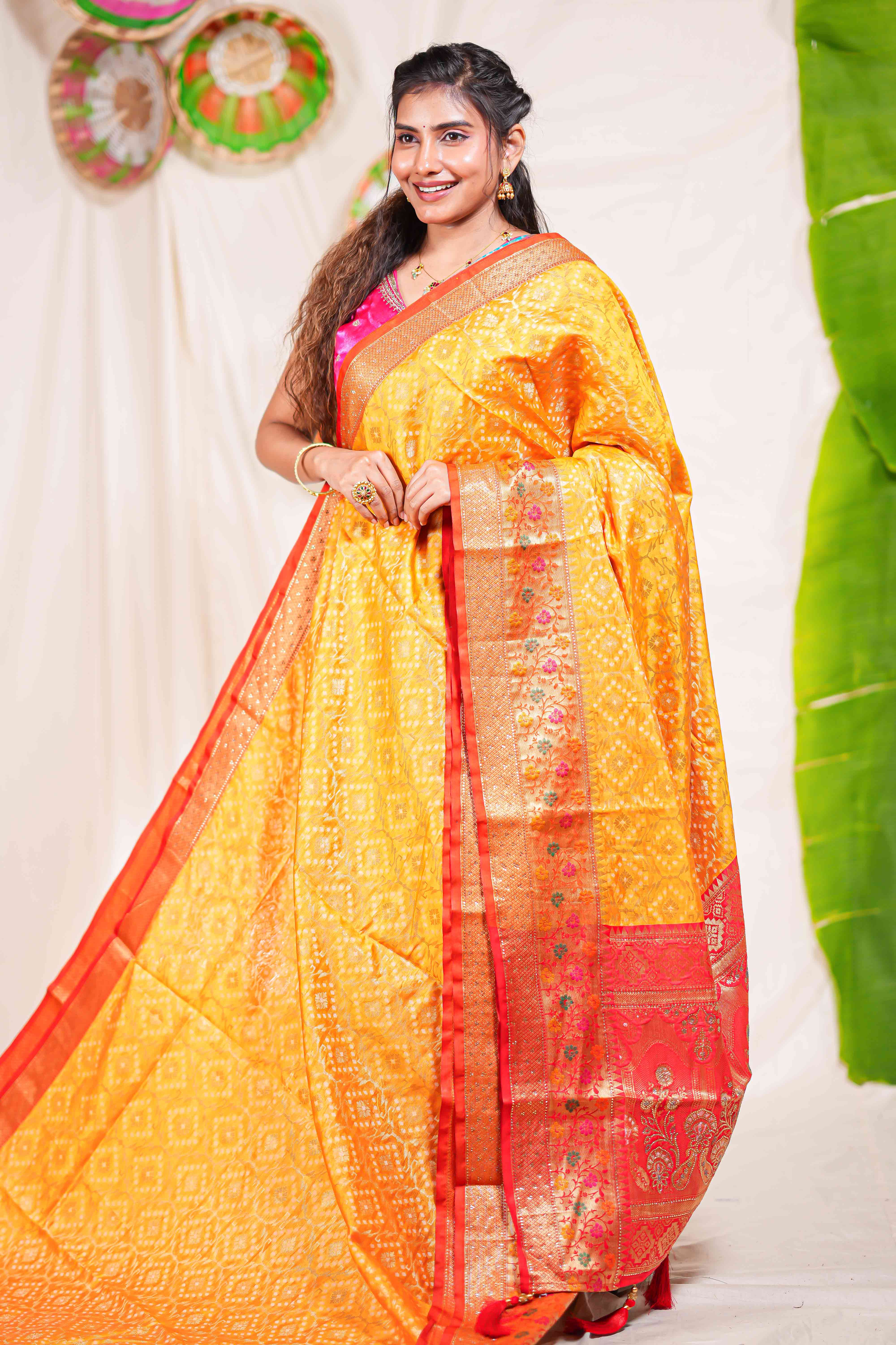 Yellow geometric design kota cotton saree with contrast border and printed pallu