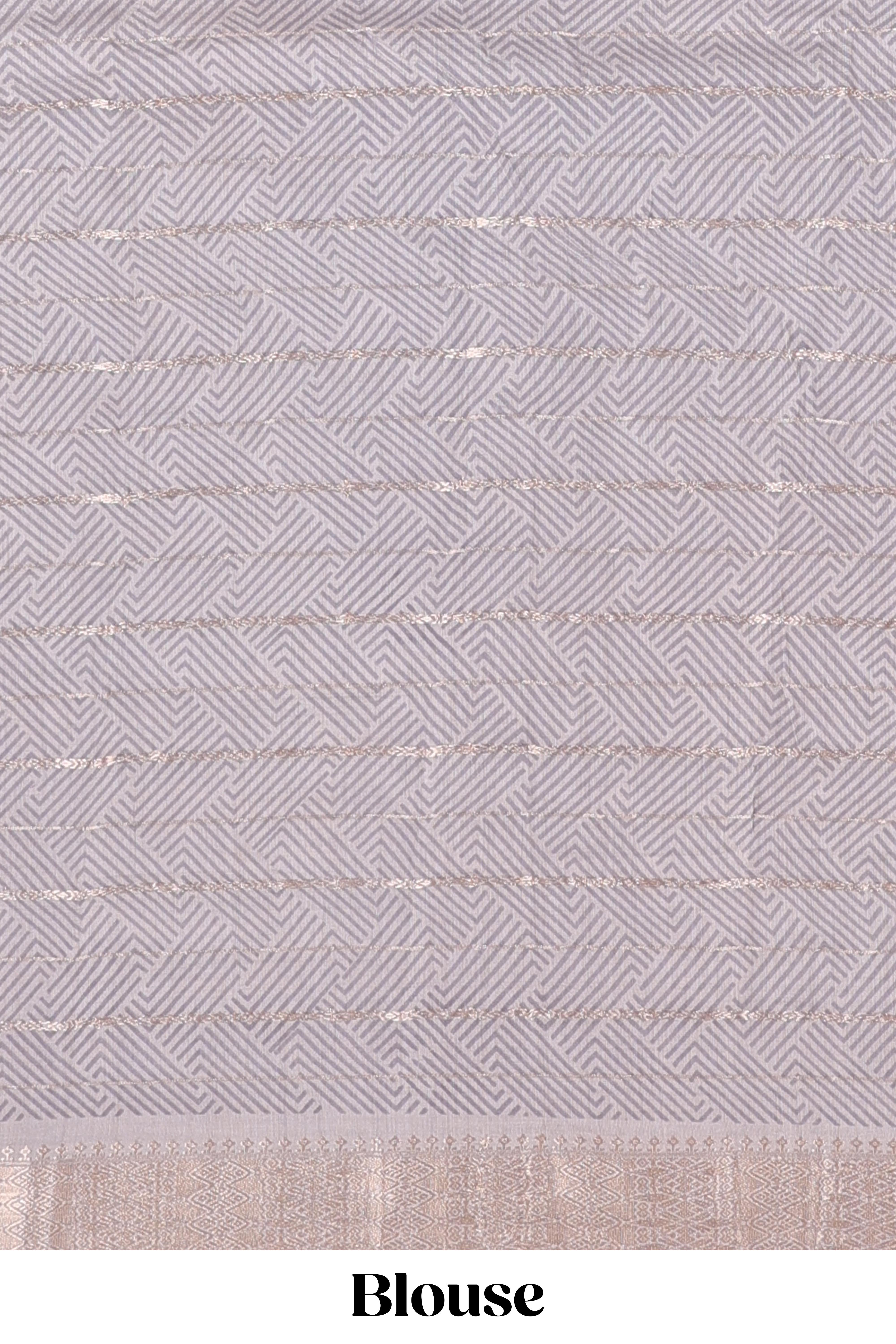 Grey striped assam silk saree with floral and animal themed contrast zari border and pallu