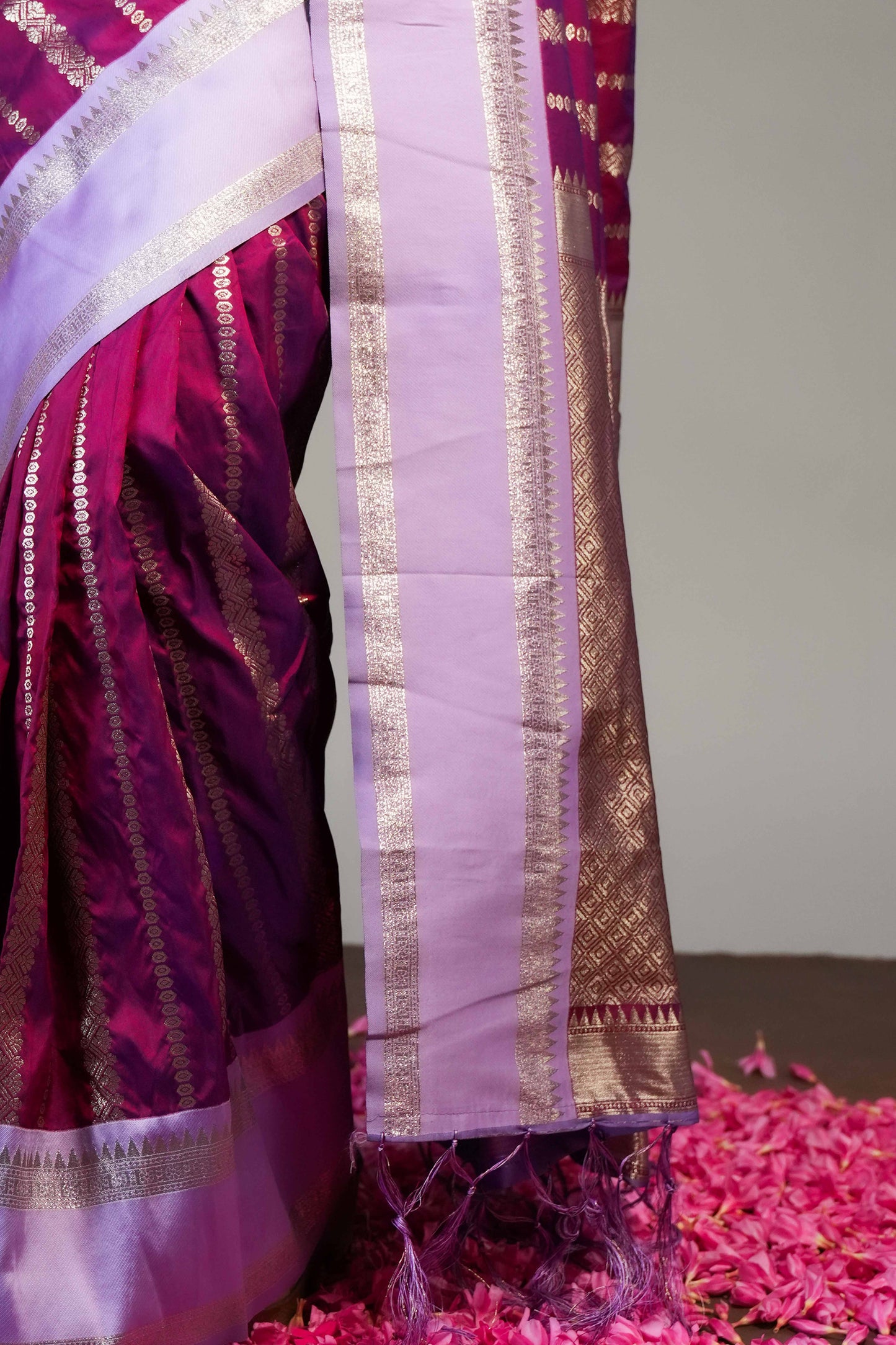 Purple zari striped floral design kathan saree with contrast bentex border and blouse