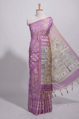 Violet warli printed semi tussar sareewith contrast warli printed pallu and matching blouse