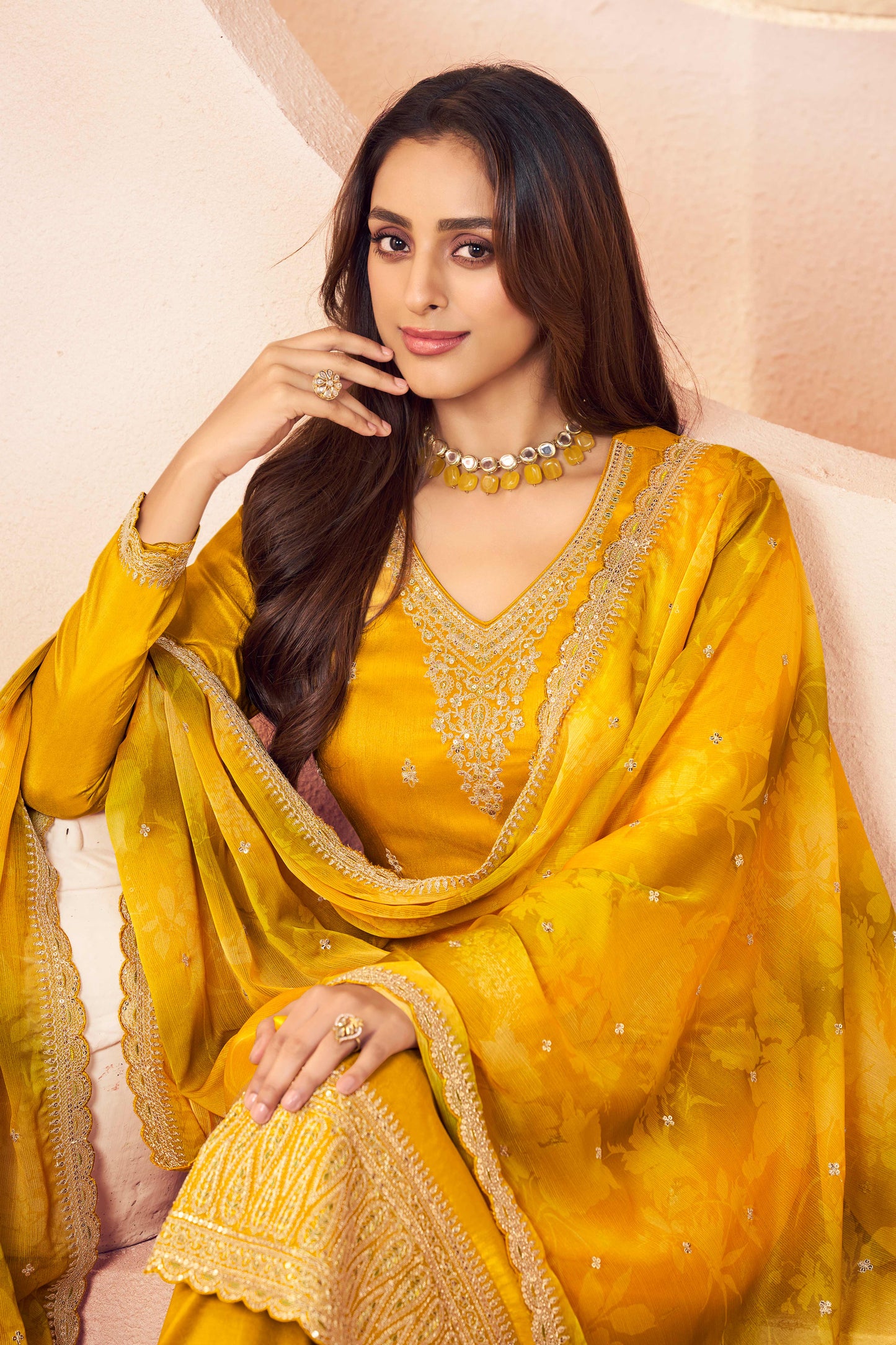 Yellow moga silk embroidery chudidhar material with chiffon dupatta