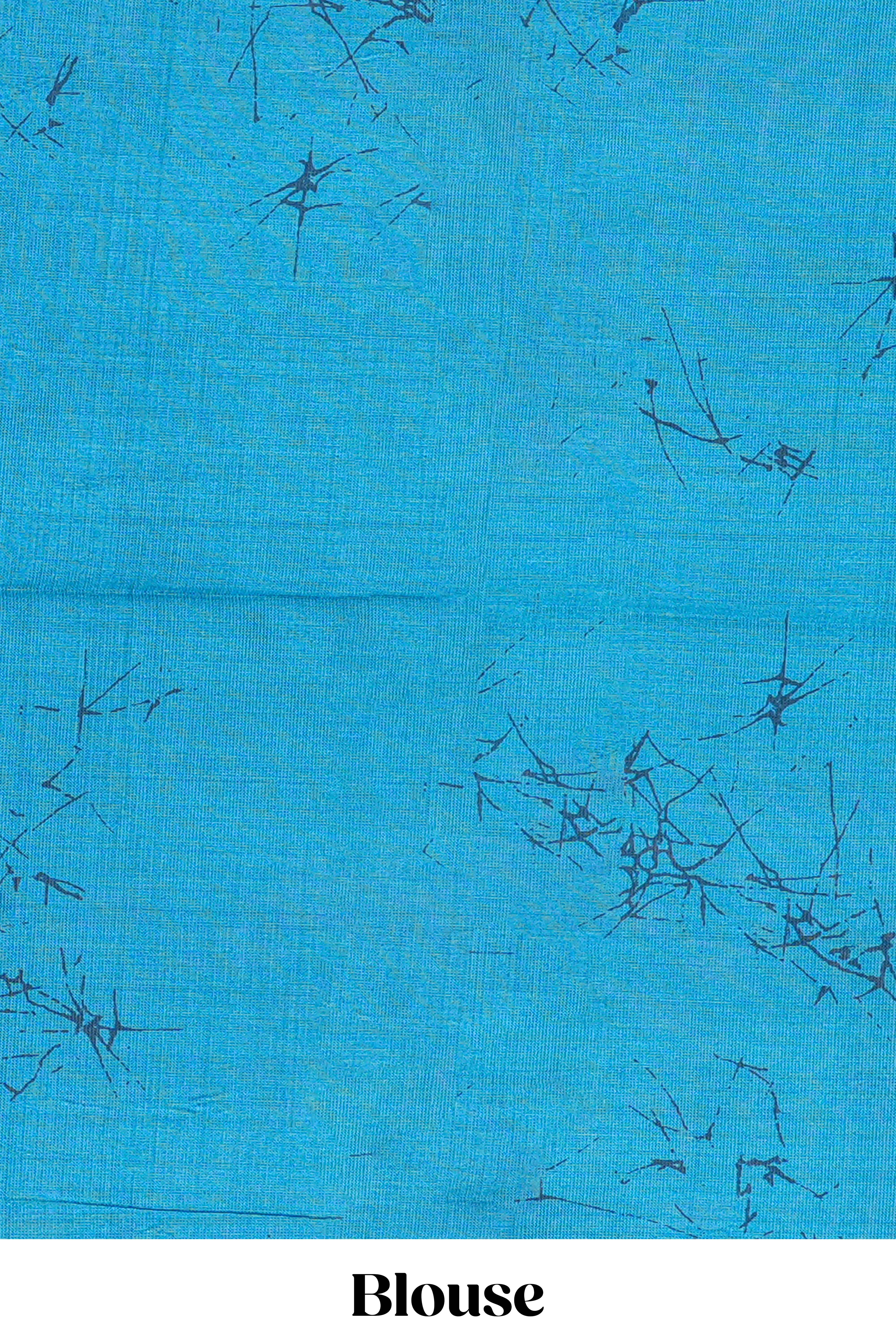 White and turquoise blue floral print litchi art silk saree with scallop print pallu