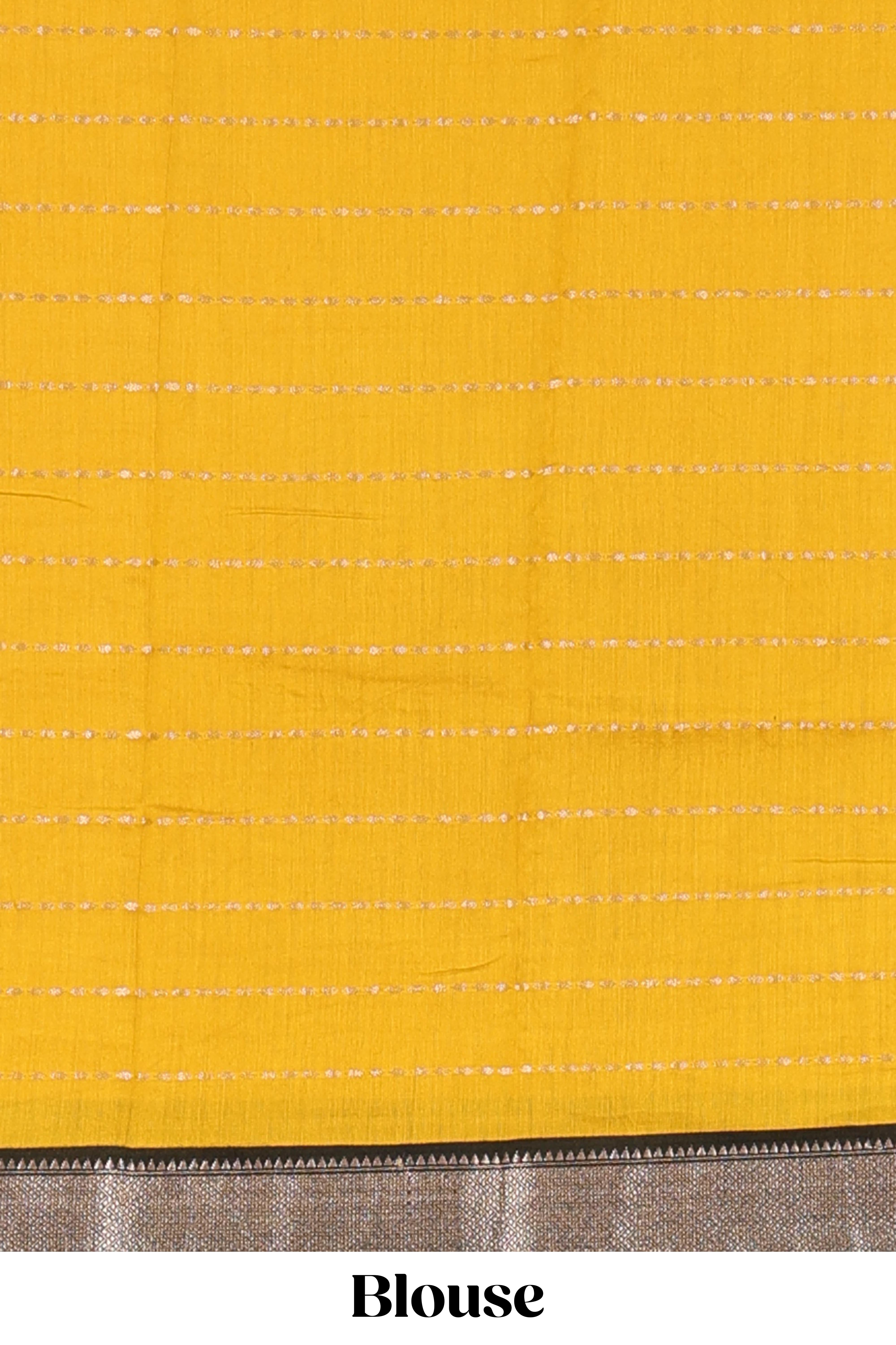 Mustard assam silk saree with floral printed stripes and contrast border