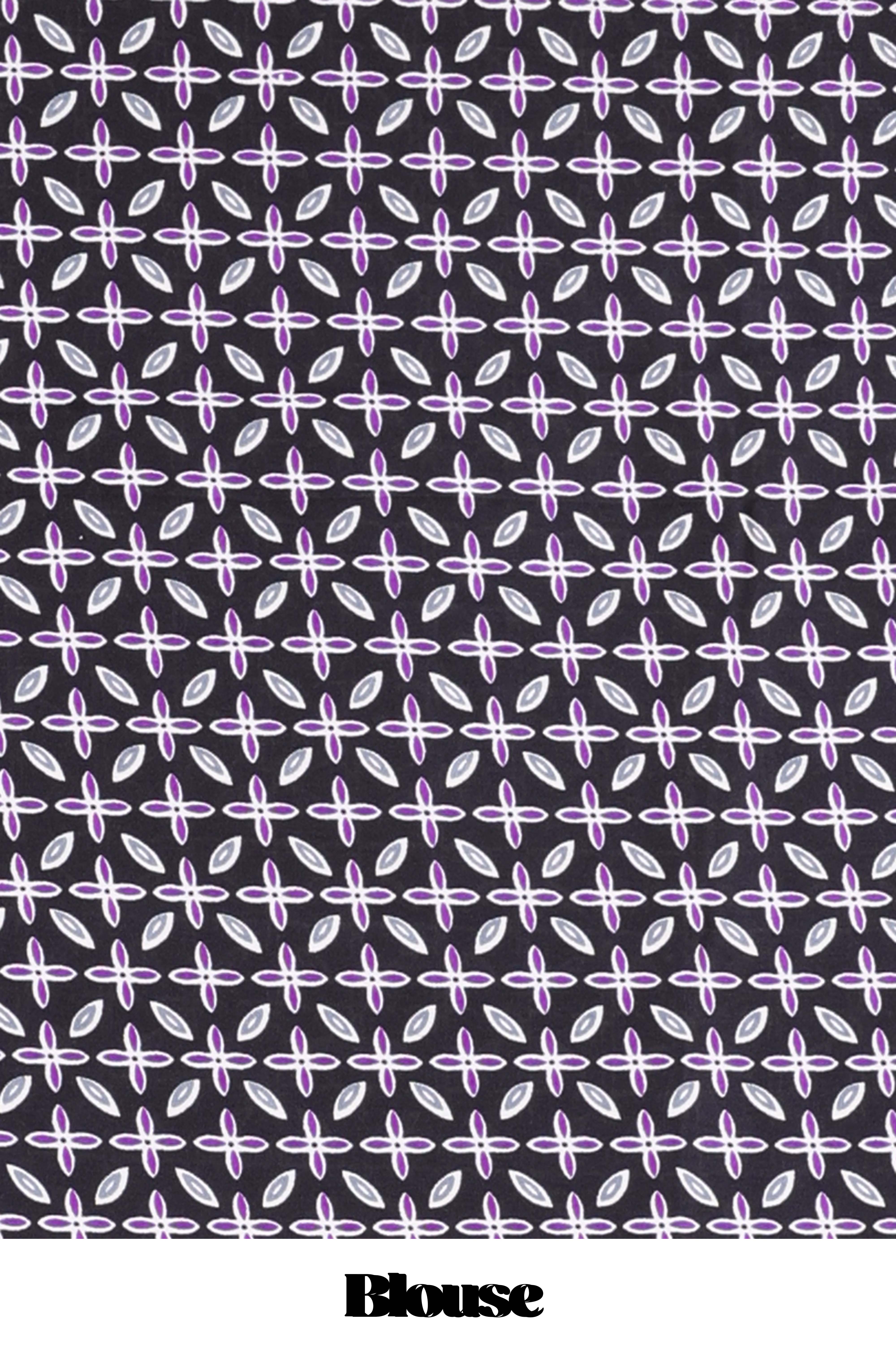 Black satin modal saree with purple polka print, contrast checked pallu, and printed blouse