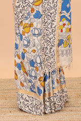 Sandal kalamkari printed cotton saree with traditional floral motifs and contrast pallu