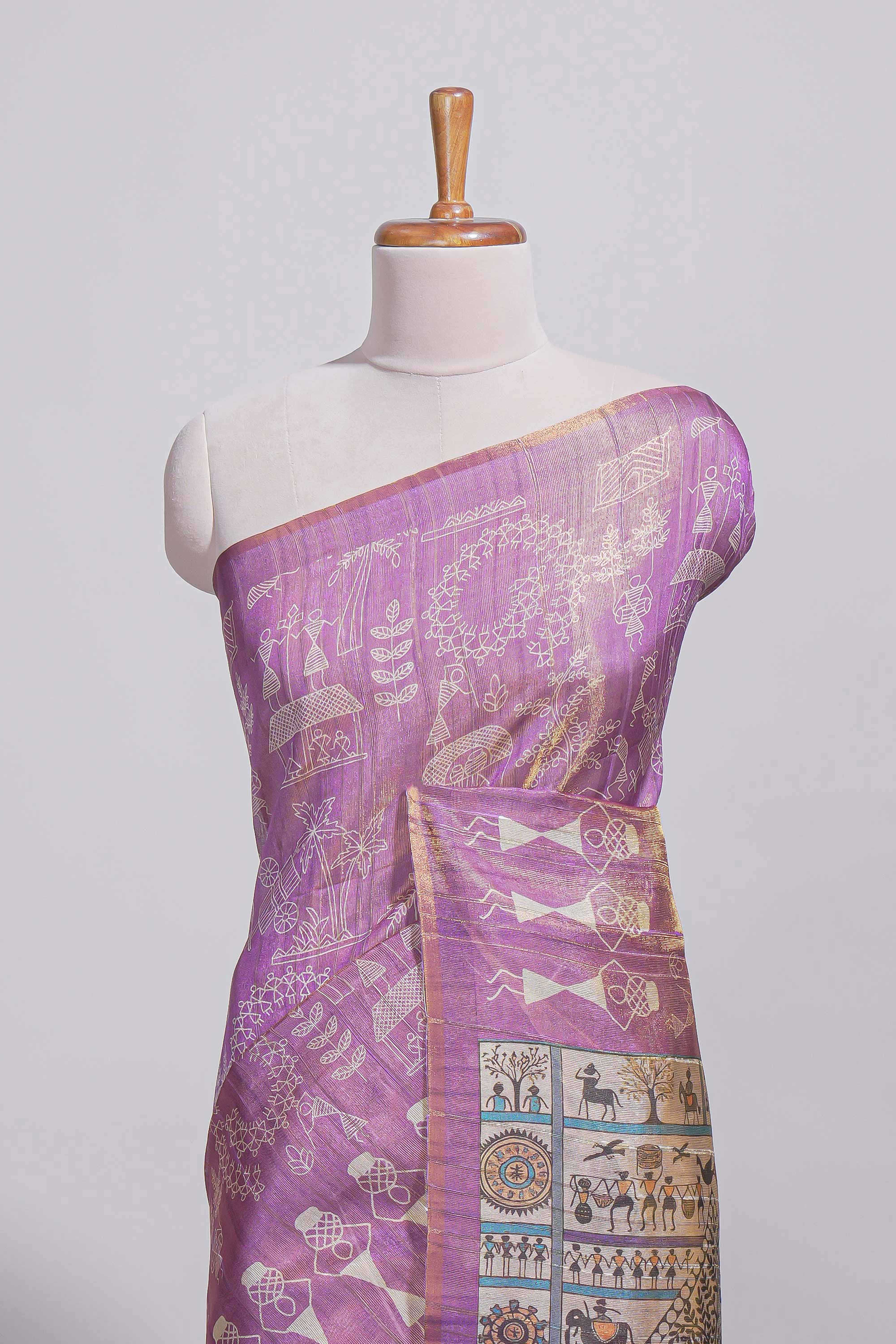 Violet warli printed semi tussar sareewith contrast warli printed pallu and matching blouse