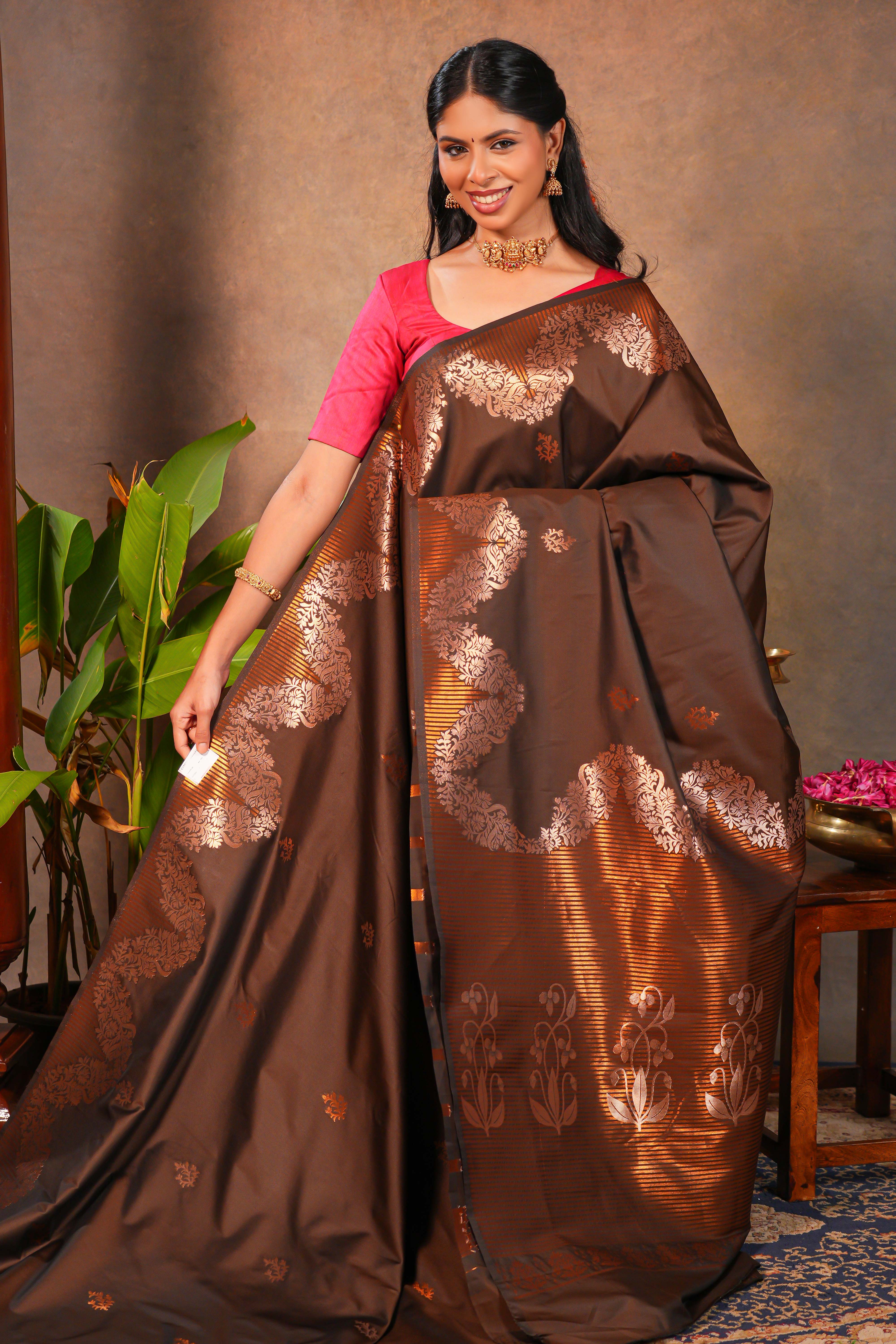 Brown Semi soft Silk Saree Gold Zari Woven Paisley Motifs with Woven Zari Border and Contrast Blouse