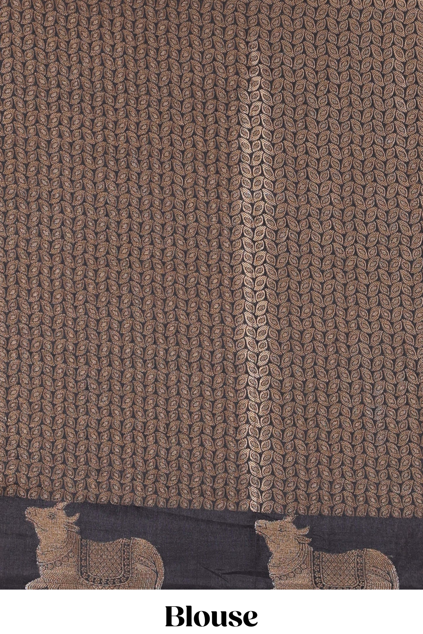 Black viscose dola silk saree with zari butta weave, pichwai motif border and contrast blouse