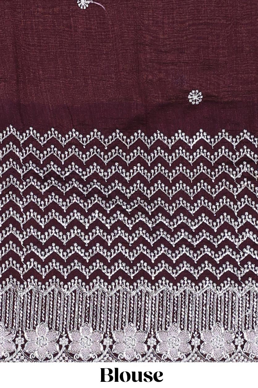 Grey designer georgette space silk saree with heavy stone & beads work, short pallu and contrast sequin embroidered blouse