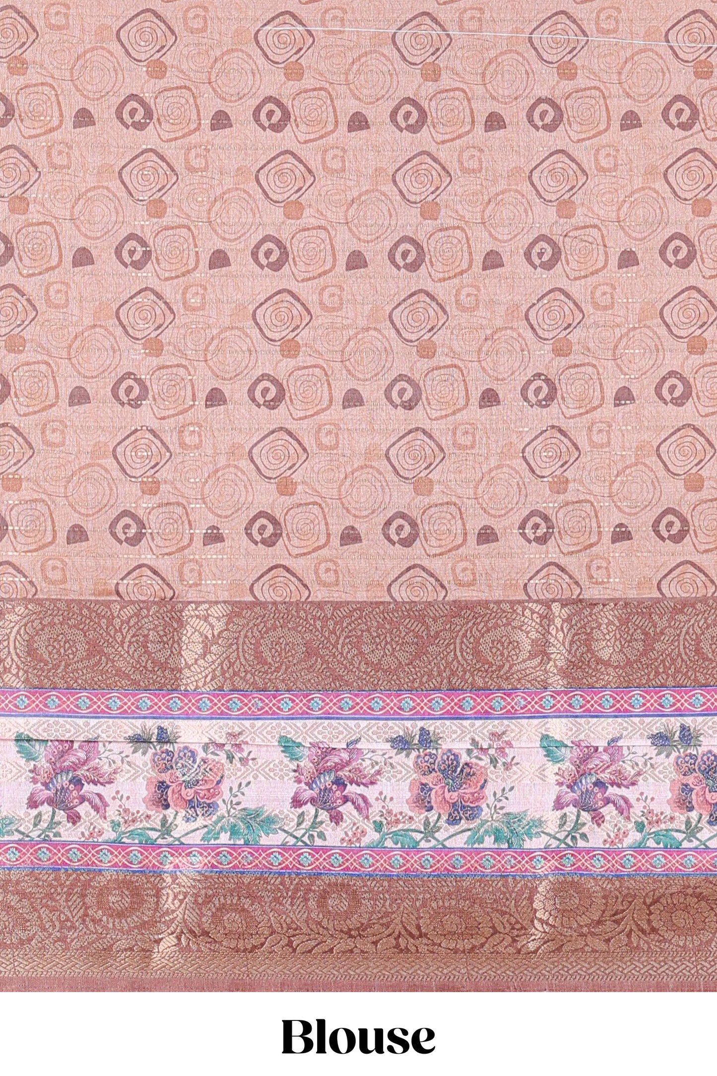 Cream zari striped geometric design art silk saree with brown retta petta border and printed pallu