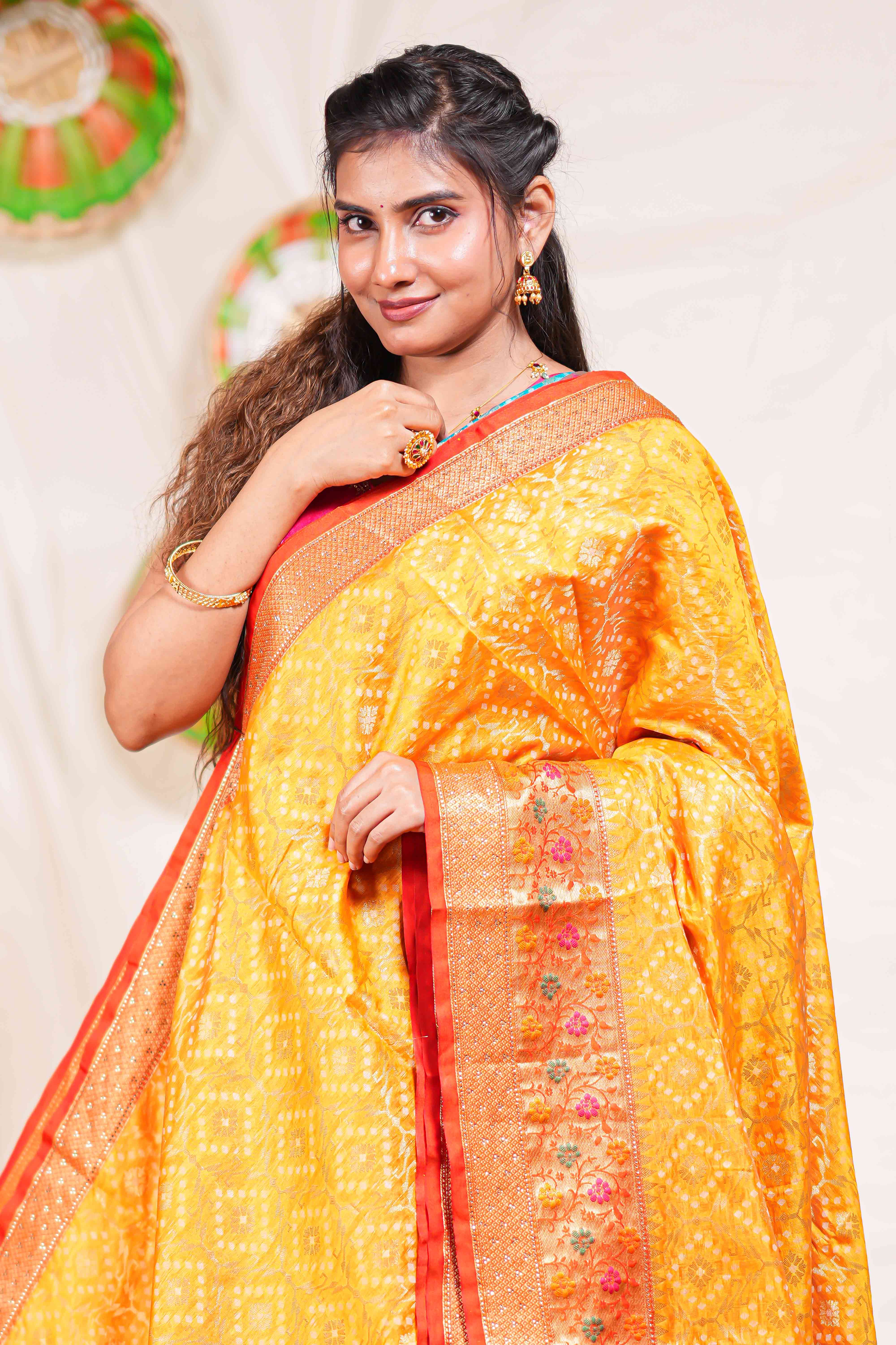 Yellow geometric design kota cotton saree with contrast border and printed pallu