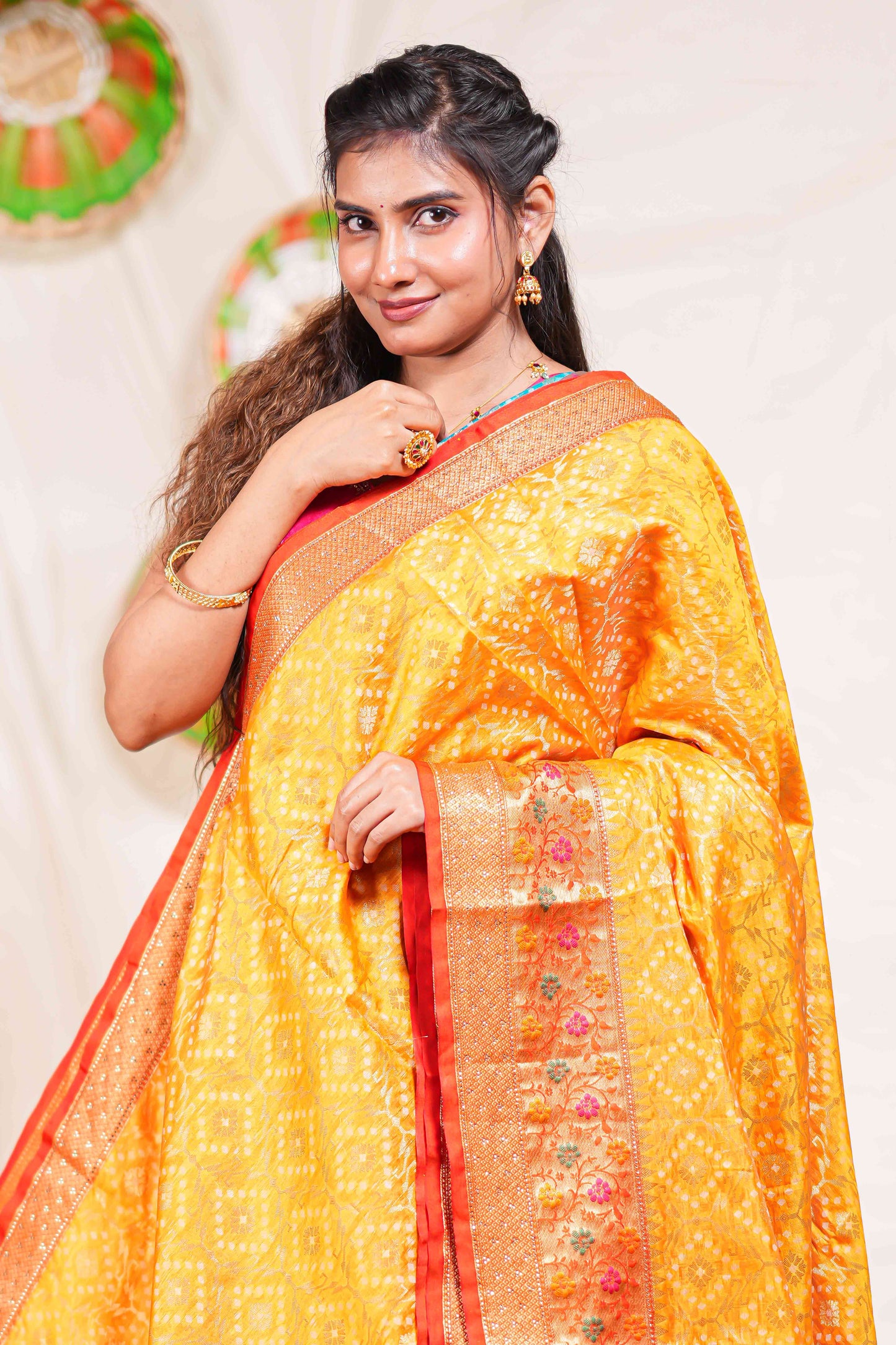 Yellow geometric design kota cotton saree with contrast border and printed pallu