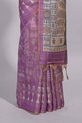 Violet warli printed semi tussar sareewith contrast warli printed pallu and matching blouse