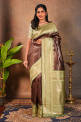 Dark brown zari checked design semi soft silk saree with contrast border and blouse