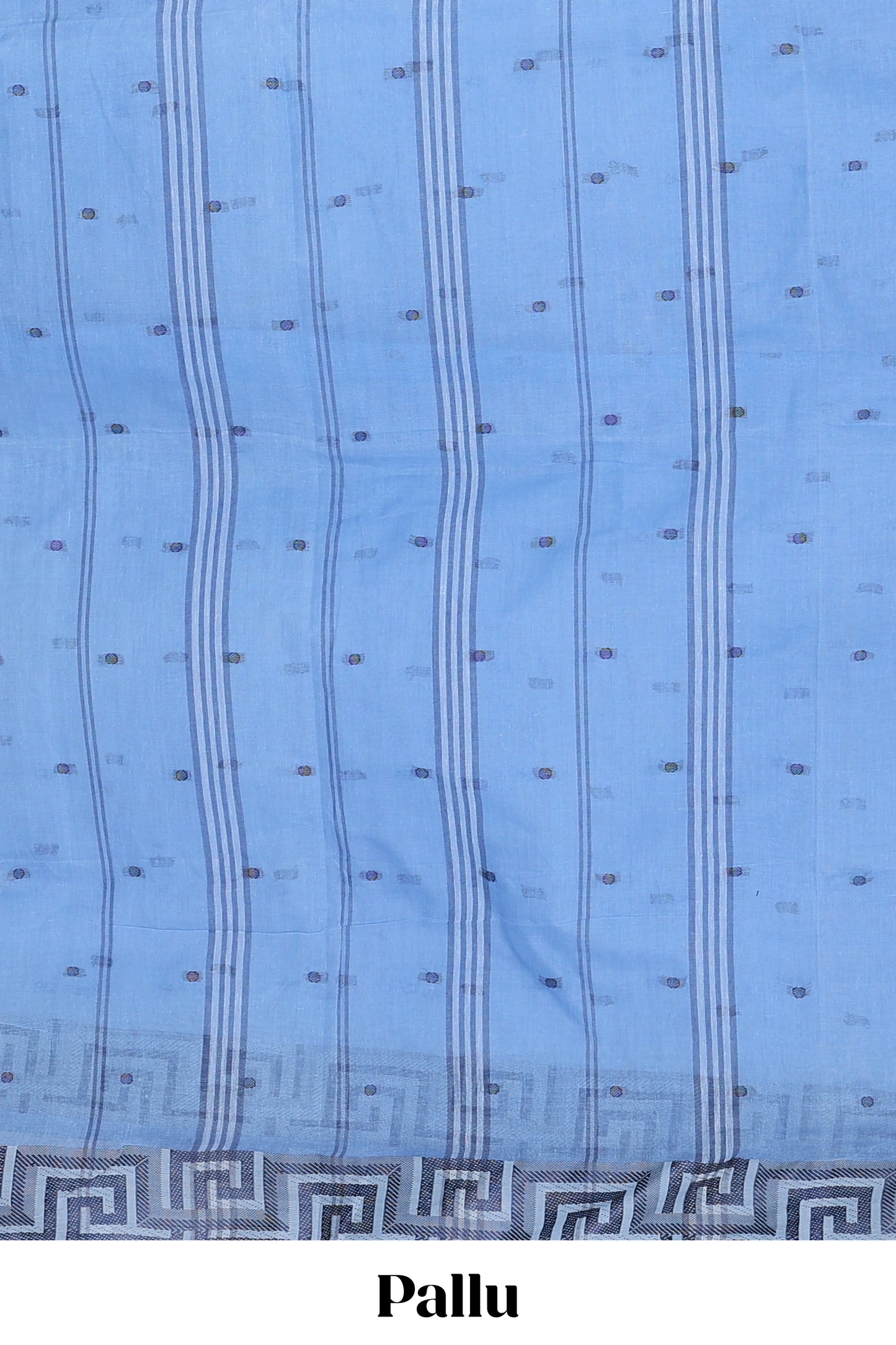 Blue small butta bengal cotton saree with self geometric pattern border and striped pallu