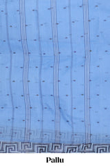 Blue small butta bengal cotton saree with self geometric pattern border and striped pallu