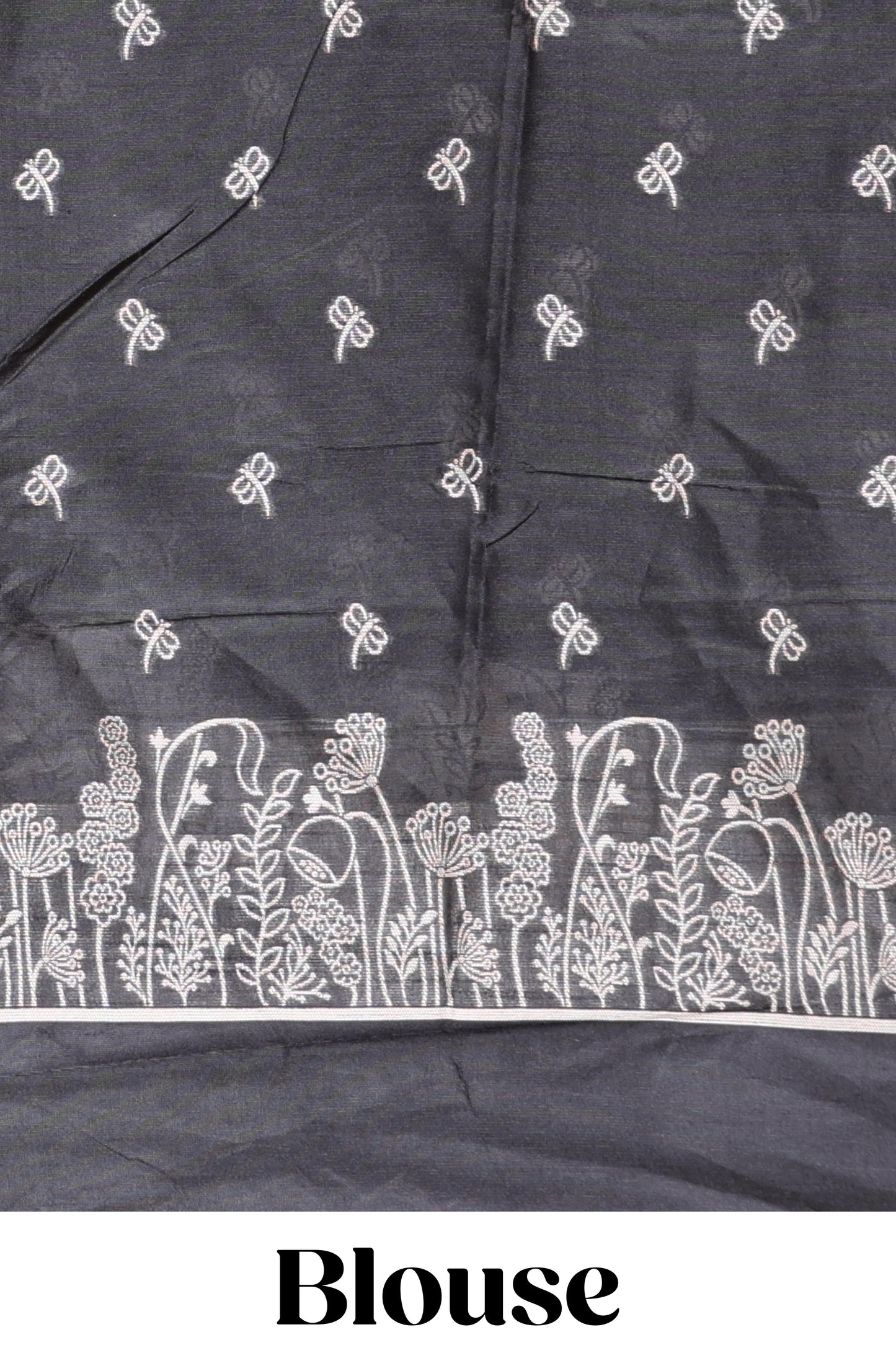 Black munga cotton saree with all-over floral thread weaving & motif border