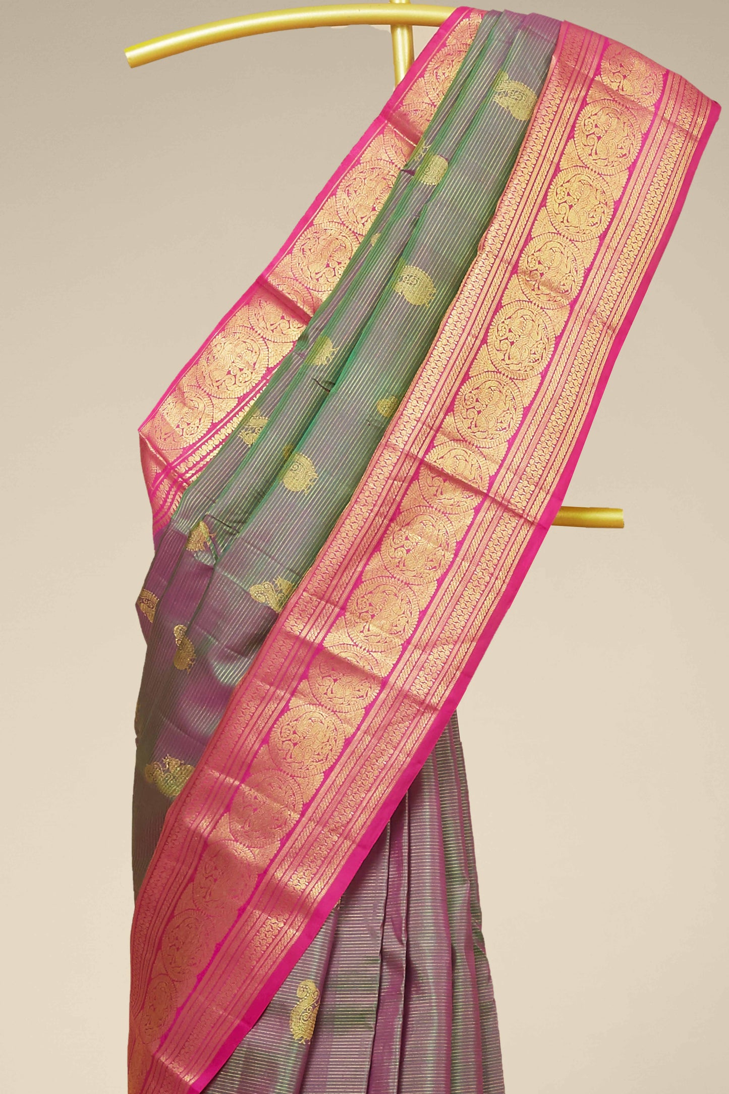 Kanchipuram Vairaoosi and Checks Silk Saree in Grey with Gold Zari and Pink Contrast Border