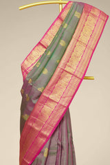 Kanchipuram Vairaoosi and Checks Silk Saree in Grey with Gold Zari and Pink Contrast Border