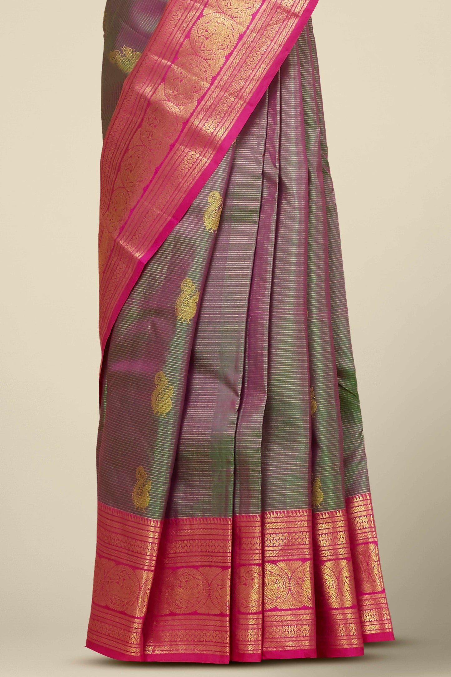 Kanchipuram Vairaoosi and Checks Silk Saree in Grey with Gold Zari and Pink Contrast Border