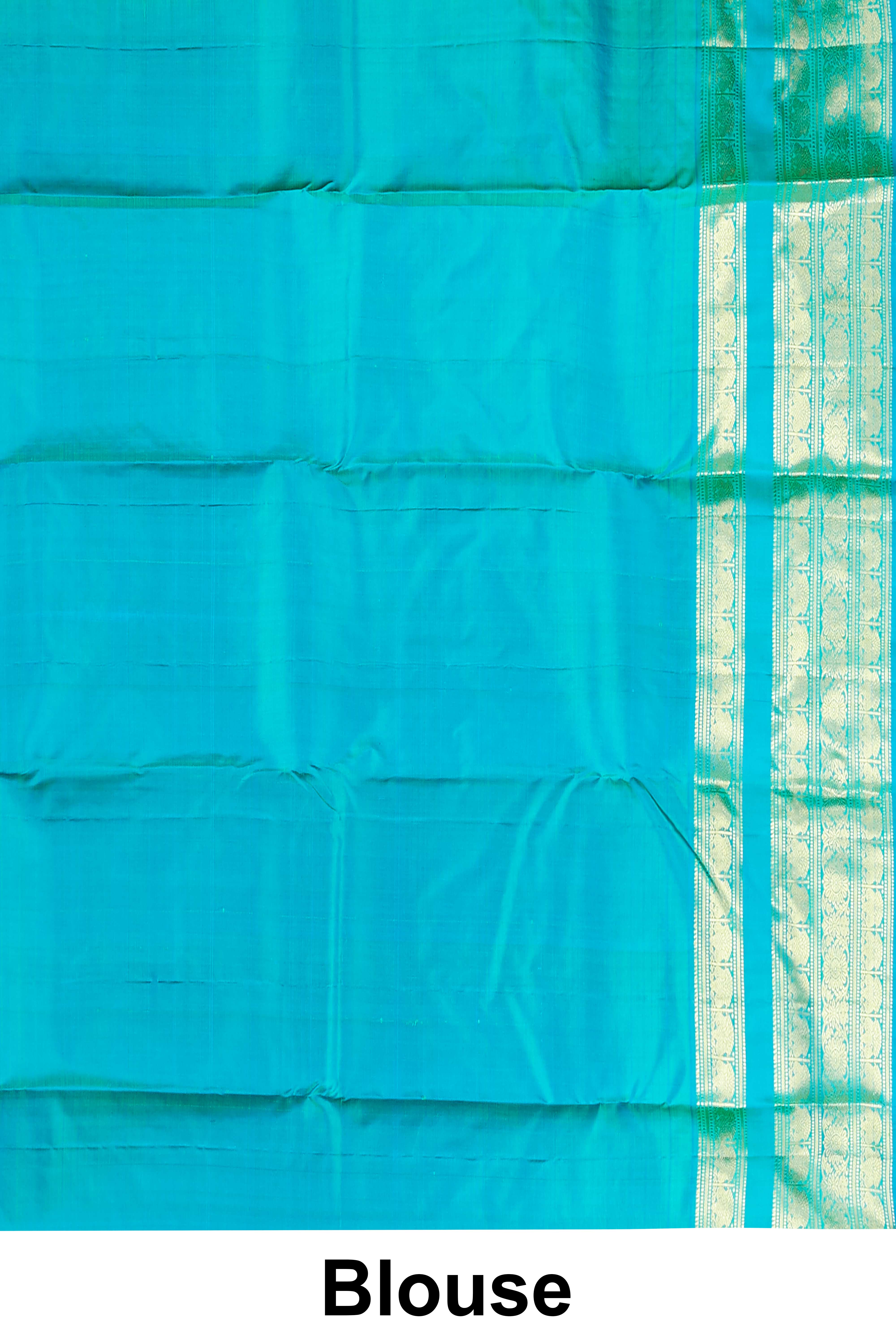 Kanchipuram Vairaoosi and checks Silk Saree in Parrot Green with Gold Zari and Blue Contrast Border