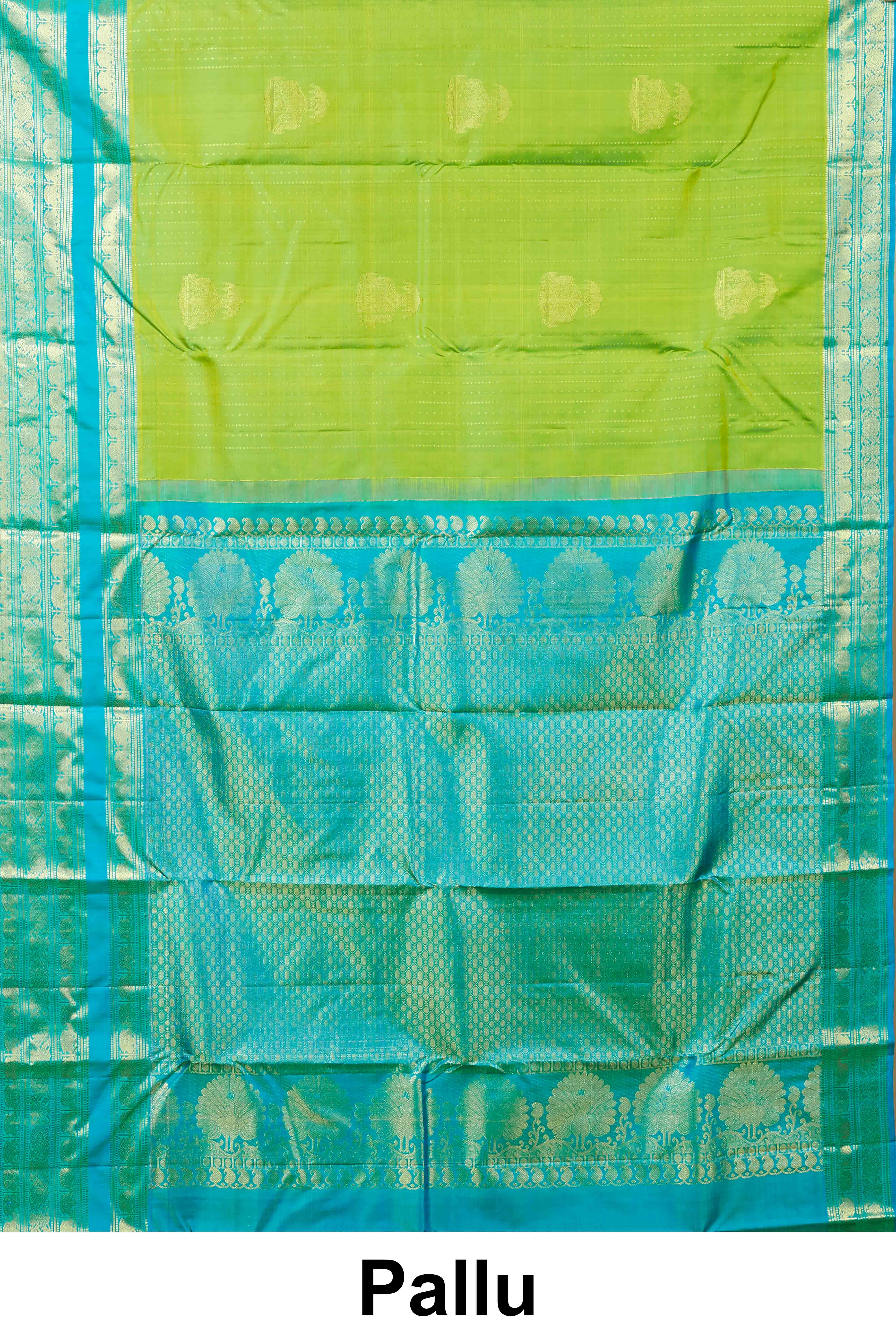 Kanchipuram Vairaoosi and checks Silk Saree in Parrot Green with Gold Zari and Blue Contrast Border