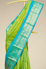 Kanchipuram Vairaoosi and checks Silk Saree in Parrot Green with Gold Zari and Blue Contrast Border