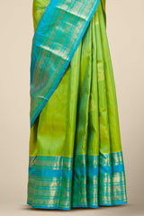 Kanchipuram Vairaoosi and checks Silk Saree in Parrot Green with Gold Zari and Blue Contrast Border