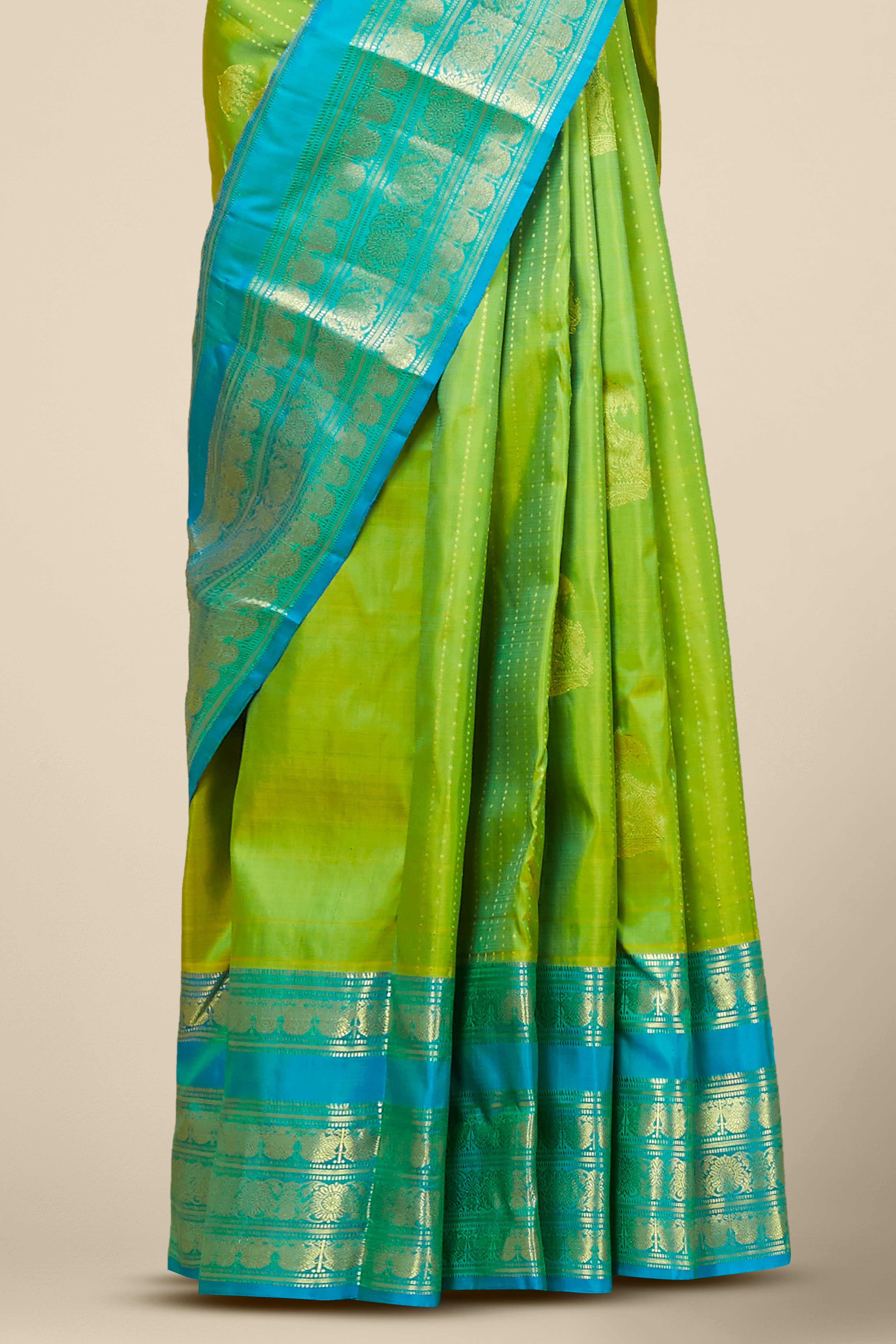 Kanchipuram Vairaoosi and checks Silk Saree in Parrot Green with Gold Zari and Blue Contrast Border