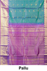 Kanchipuram Vairaoosi and Checks Silk Saree in Peacock Blue with Gold Zari and Pink Contrast Border