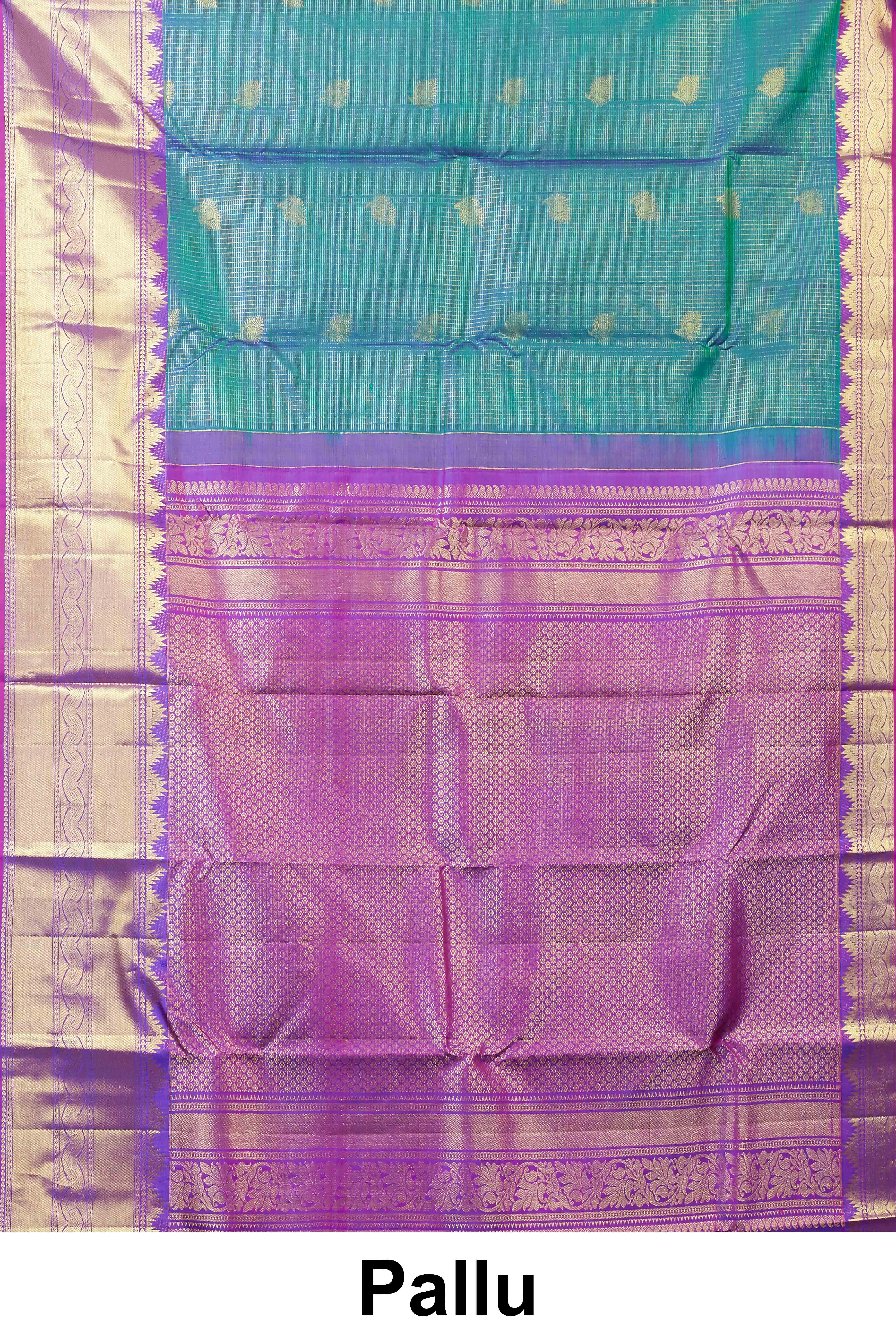 Kanchipuram Vairaoosi and Checks Silk Saree in Peacock Blue with Gold Zari and Pink Contrast Border