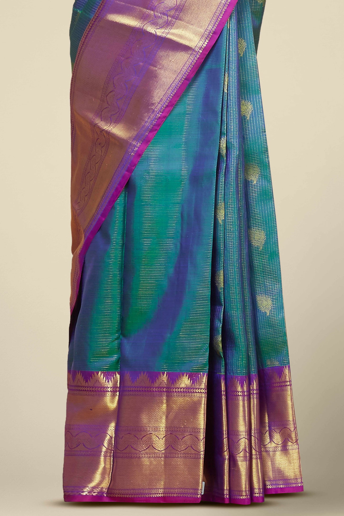 Kanchipuram Vairaoosi and Checks Silk Saree in Peacock Blue with Gold Zari and Pink Contrast Border