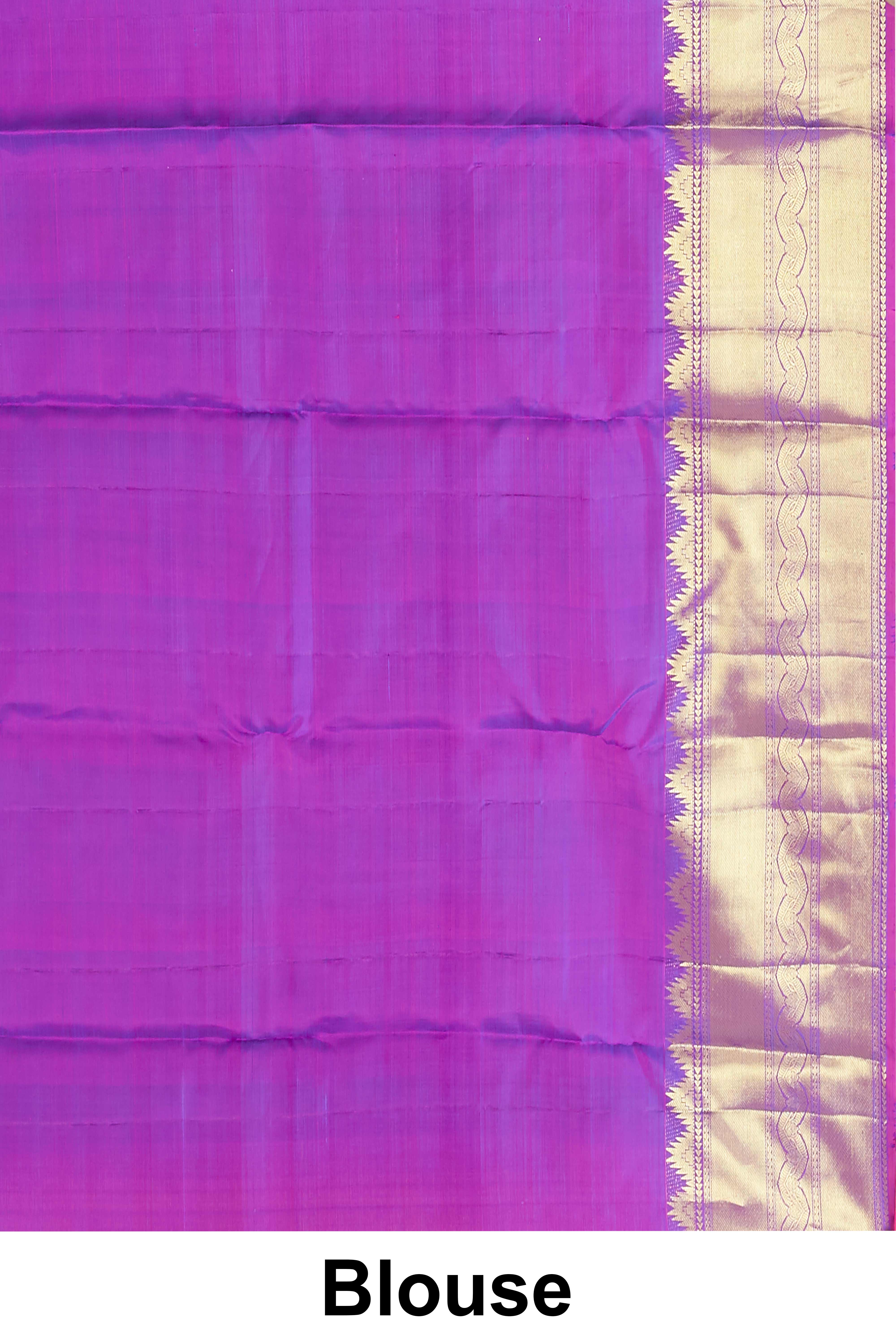 Kanchipuram Vairaoosi and Checks Silk Saree in Peacock Blue with Gold Zari and Pink Contrast Border