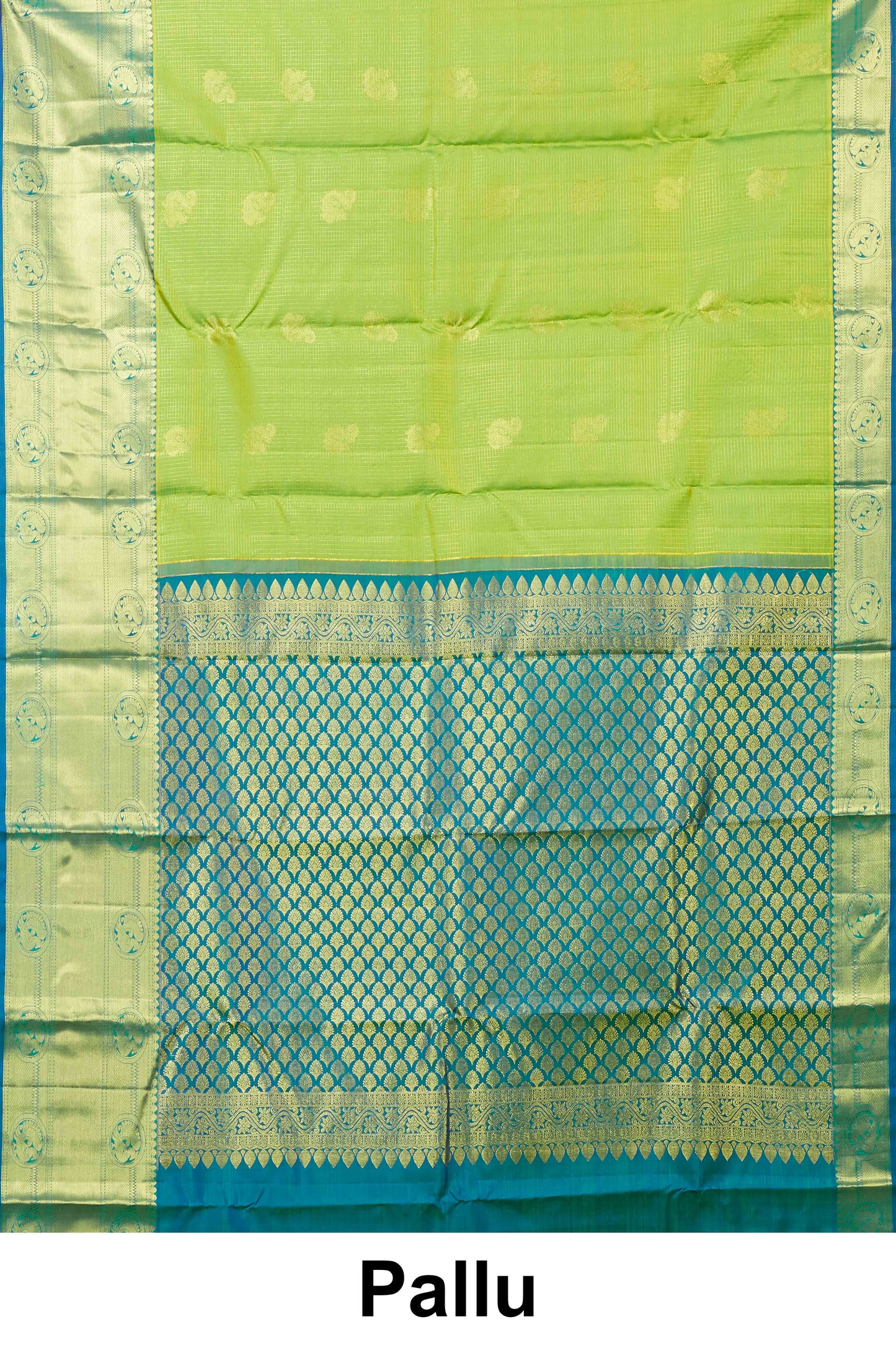 Kanchipuram Vairaoosi and checks Silk Saree in Parrot Green with Gold Zari and Blue Contrast Border