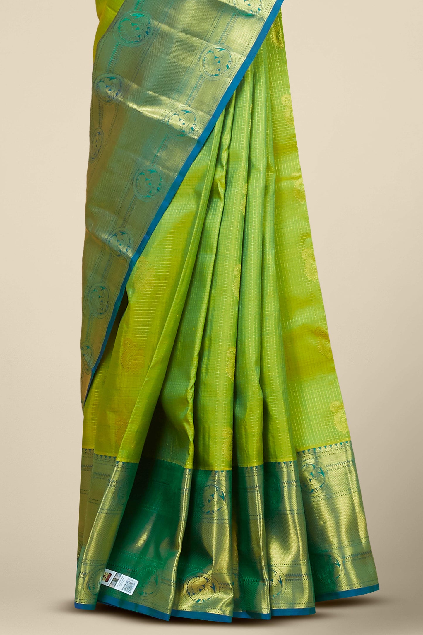 Kanchipuram Vairaoosi and checks Silk Saree in Parrot Green with Gold Zari and Blue Contrast Border
