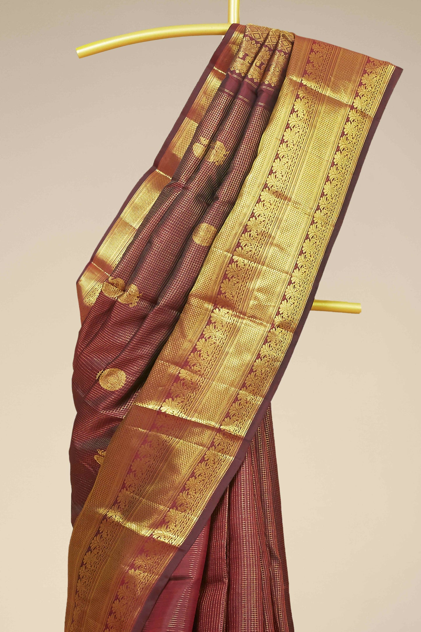 Kanchipuram Vairaoosi and Checks Silk Saree in Maroon with Gold Zari Checks and Self Border