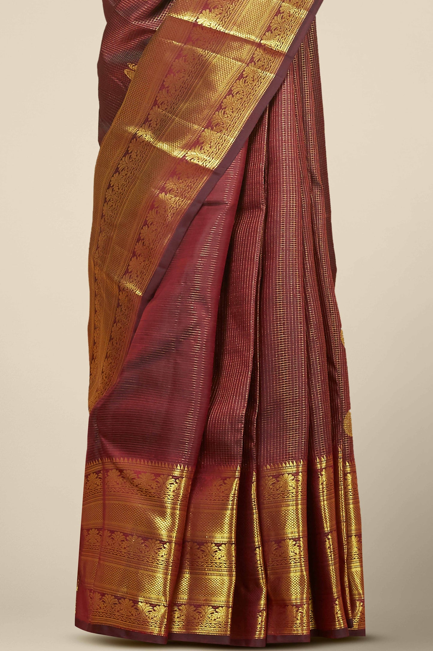 Kanchipuram Vairaoosi and Checks Silk Saree in Maroon with Gold Zari Checks and Self Border