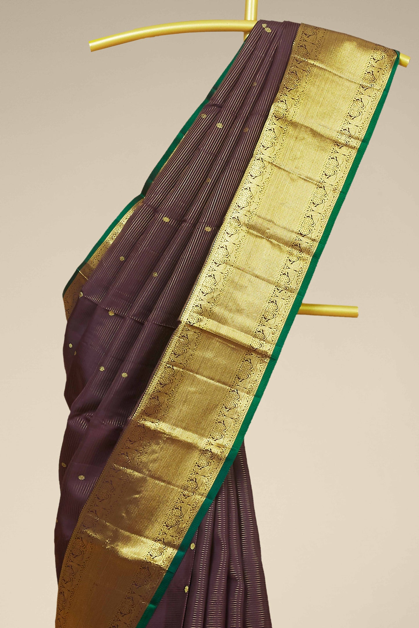 Kanchipuram Vairaoosi and checks Silk Saree in Deep Plum with Gold Zari and Green Selvedge