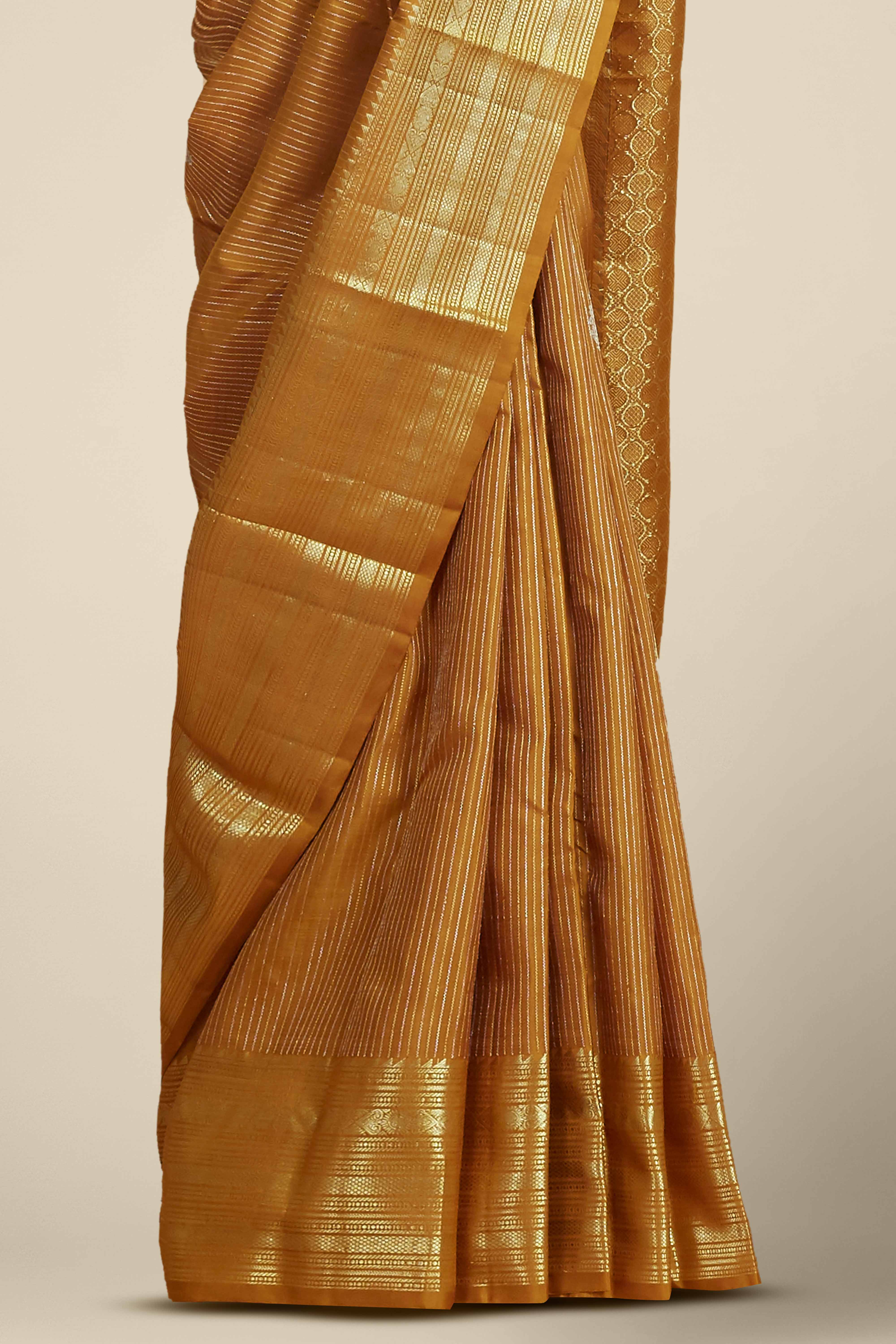 Kanchipuram Vairaoosi and Checks Pure Silk Saree in Antique Mustard Gold with Self Zari Border