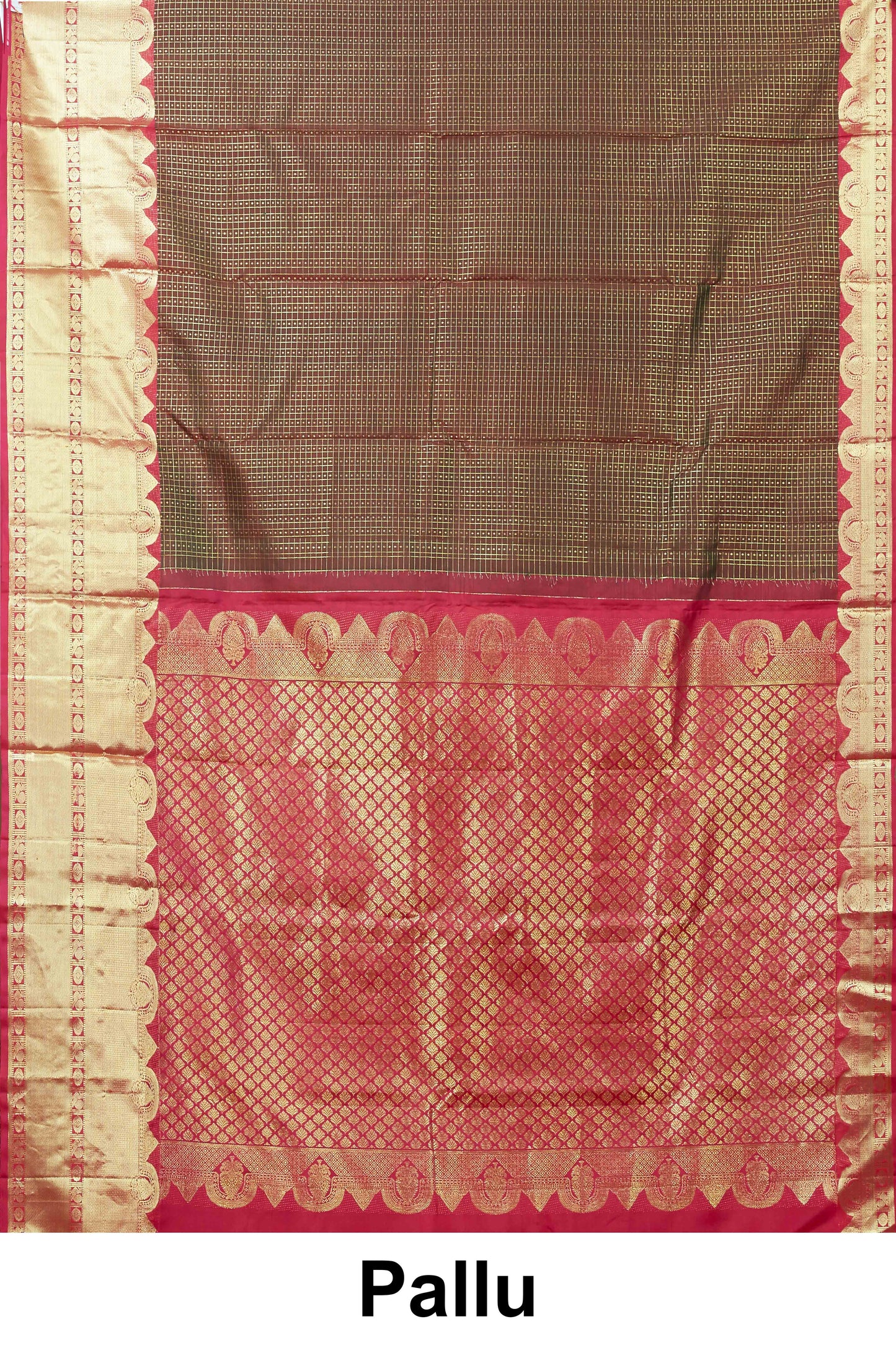 Kanchipuram Vairaoosi and Checks Silk Saree in Dark Coffee Brown with Contrast Crimson Red and Gold Zari Border